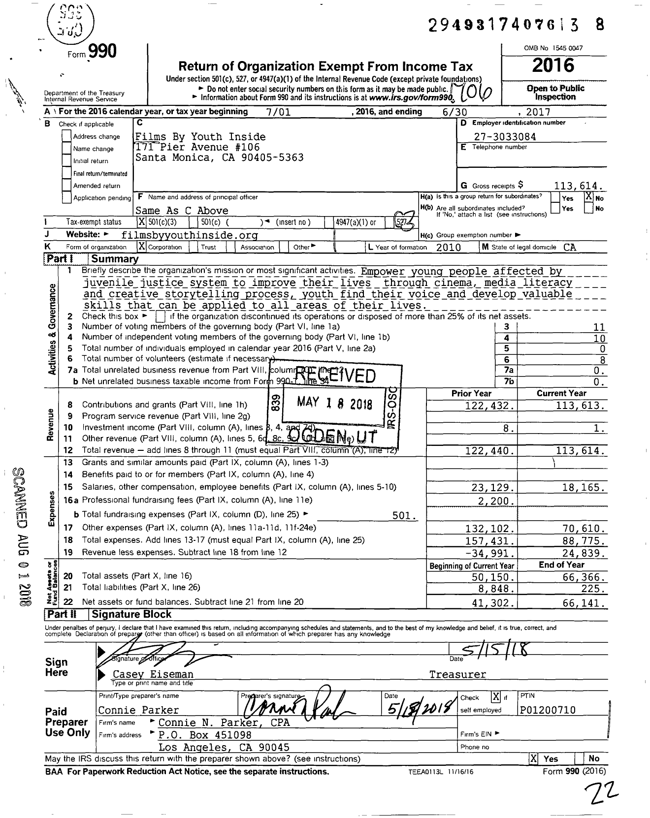 Image of first page of 2016 Form 990 for Films By Youth Inside (FYI)