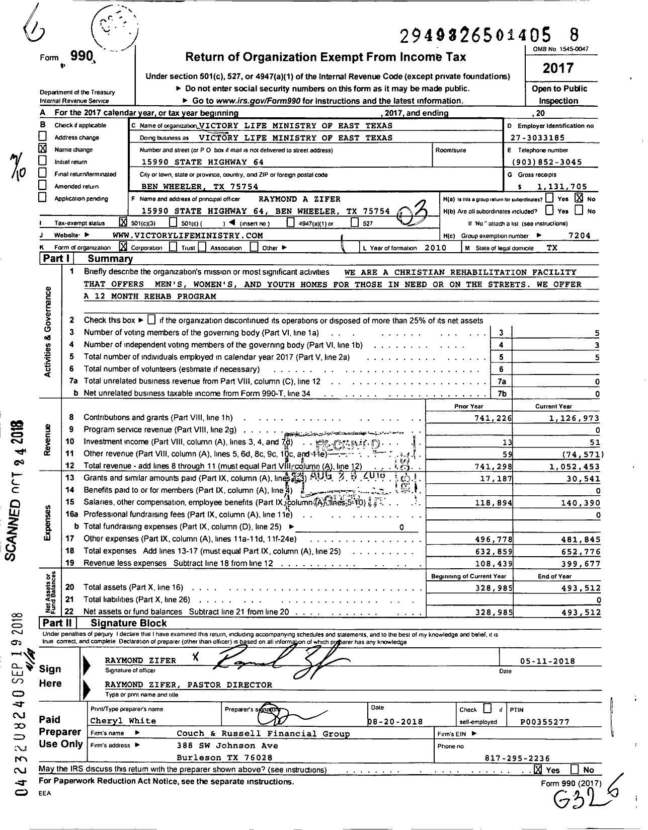 Image of first page of 2017 Form 990 for Victory Life Ministry of Hunt