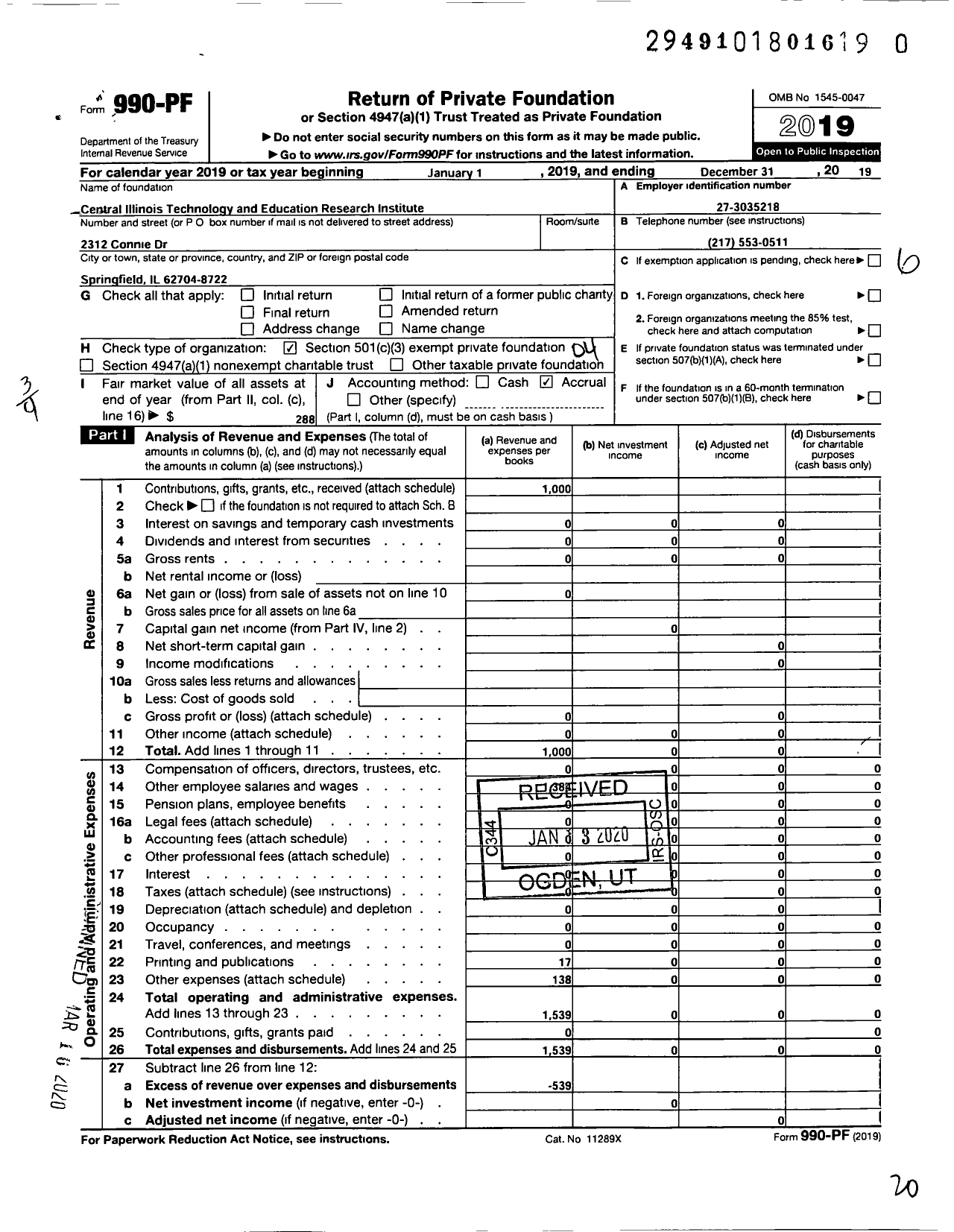 Image of first page of 2019 Form 990PR for Central Illinois Technology and Education Research Institute