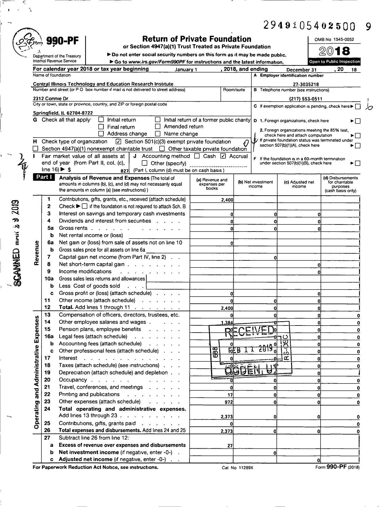 Image of first page of 2018 Form 990PF for Central Illinois Technology and Education Research Institute