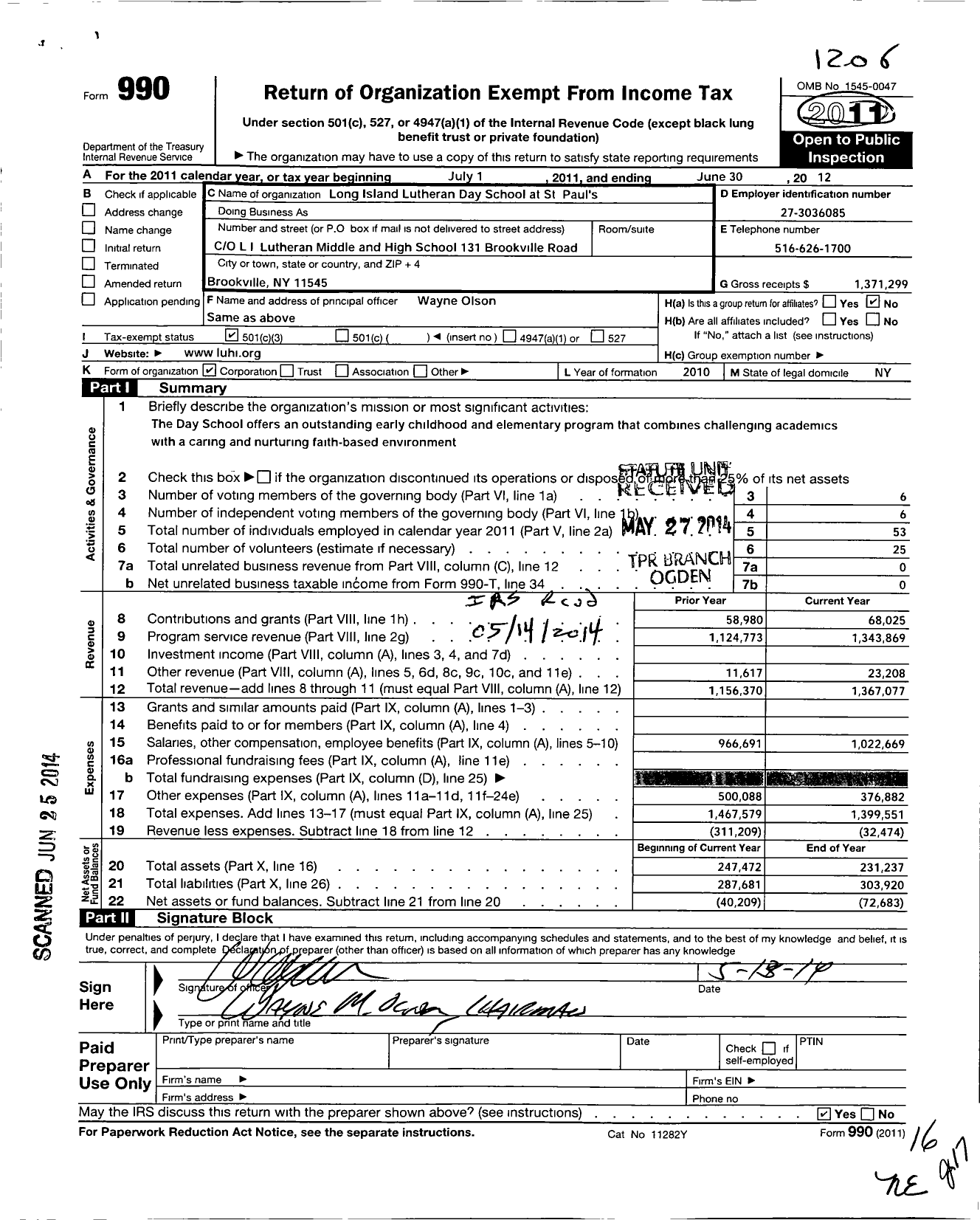 Image of first page of 2011 Form 990 for Long Island Lutheran Day School at St Pauls