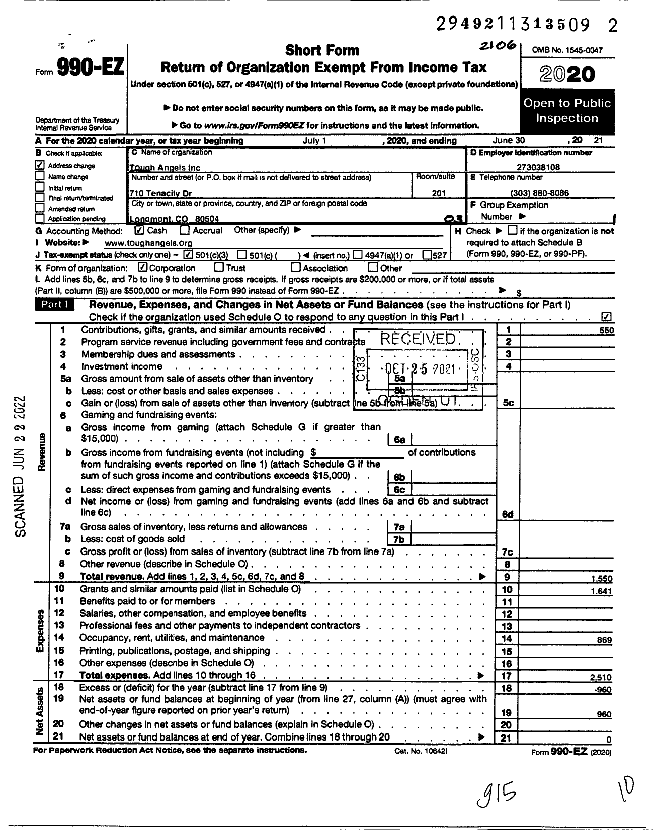 Image of first page of 2020 Form 990EZ for Tough Angels