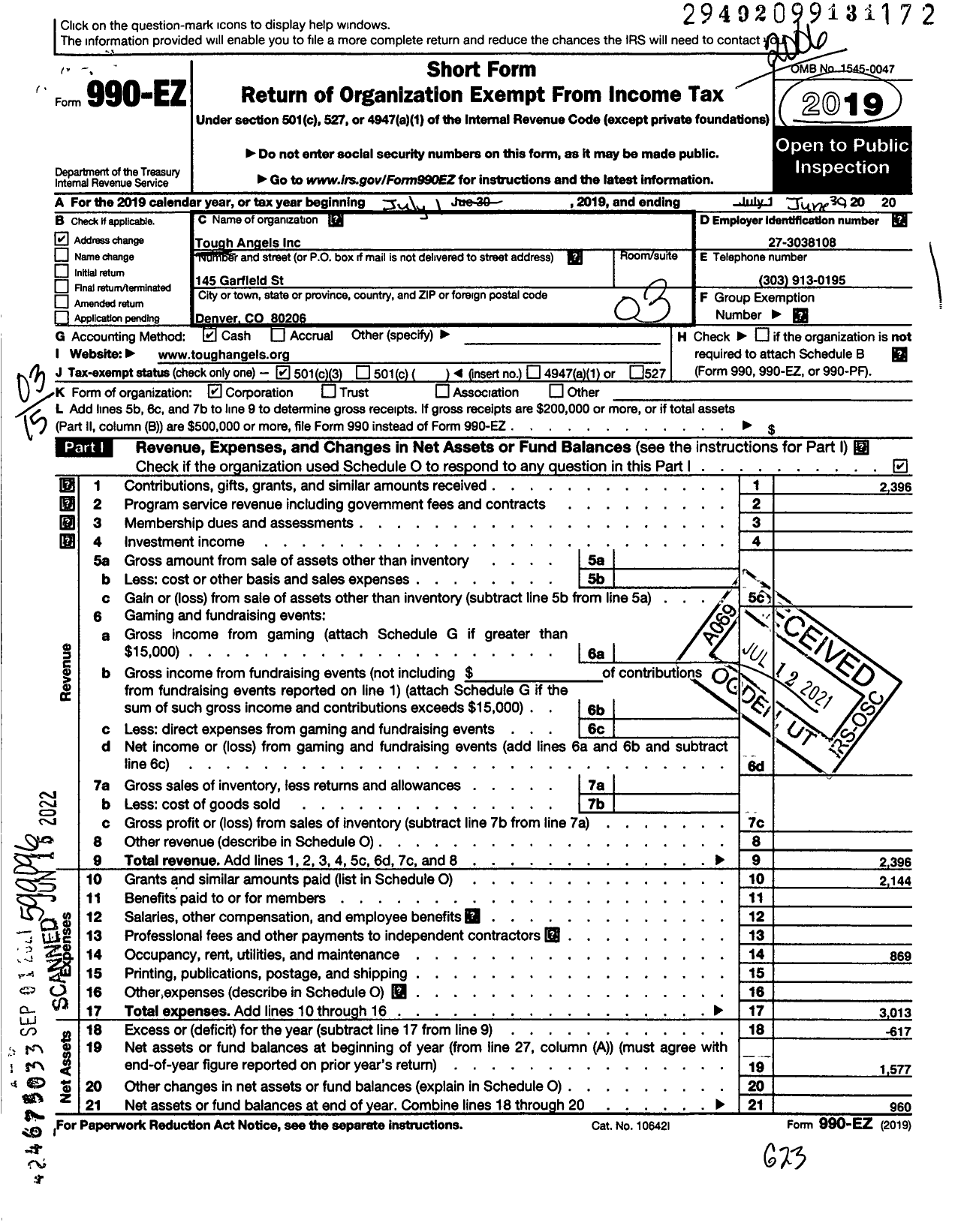 Image of first page of 2019 Form 990EZ for Tough Angels