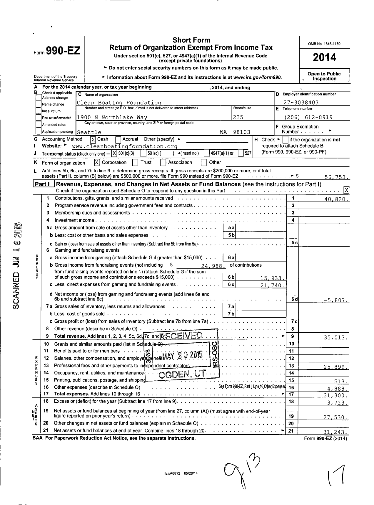 Image of first page of 2014 Form 990EZ for Clean Boating Foundation