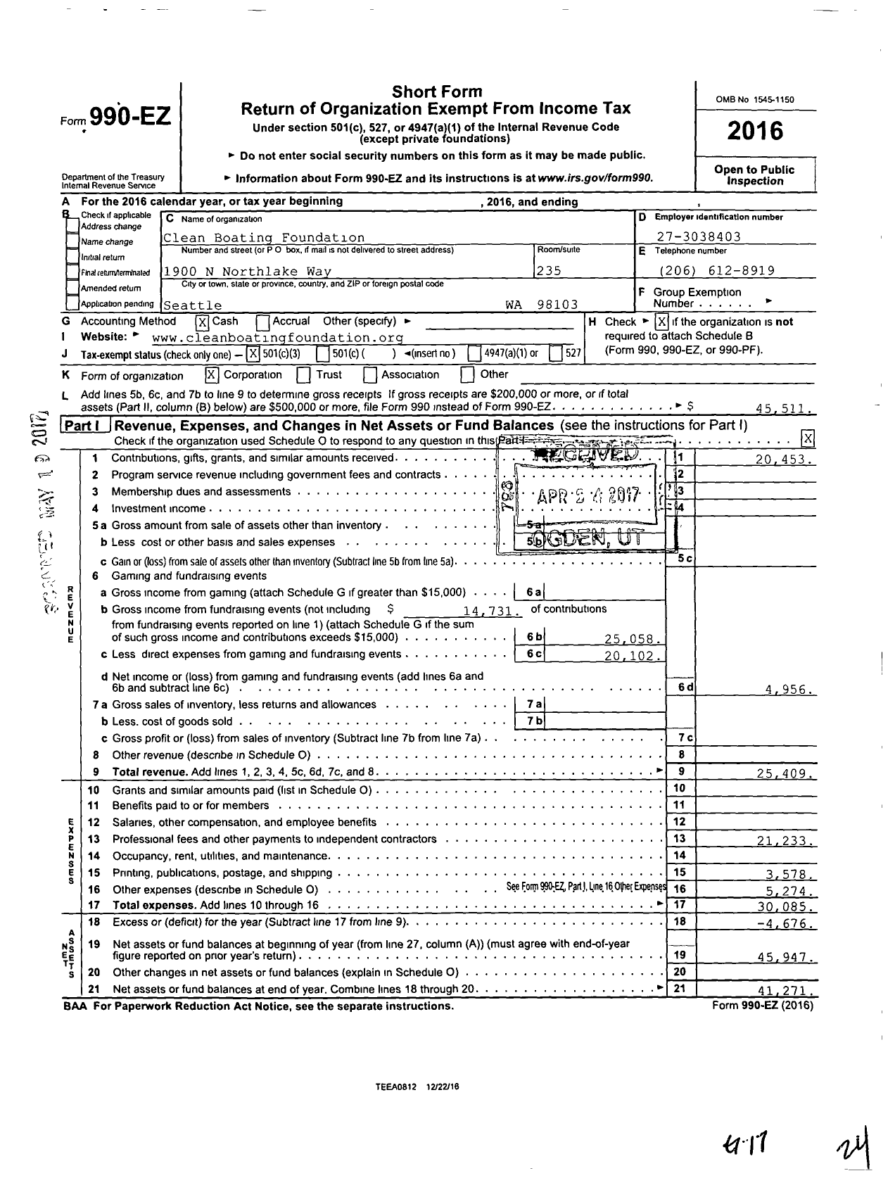 Image of first page of 2016 Form 990EZ for Clean Boating Foundation