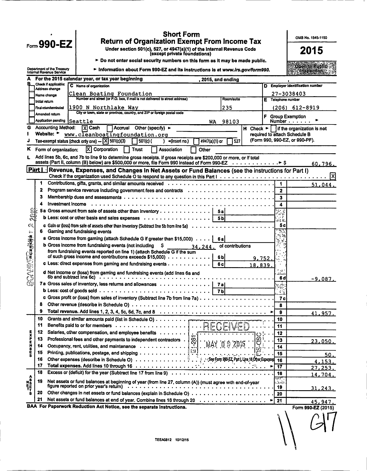 Image of first page of 2015 Form 990EZ for Clean Boating Foundation