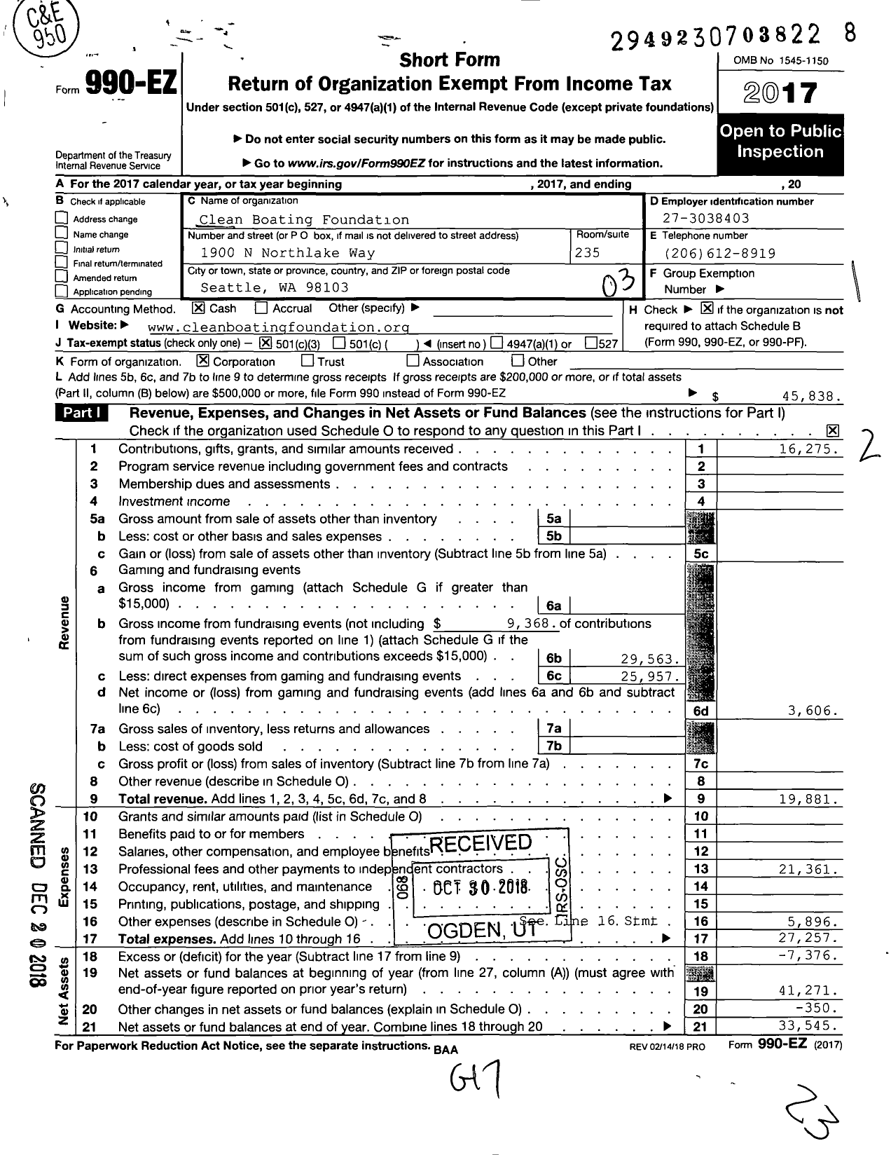 Image of first page of 2017 Form 990EZ for Clean Boating Foundation