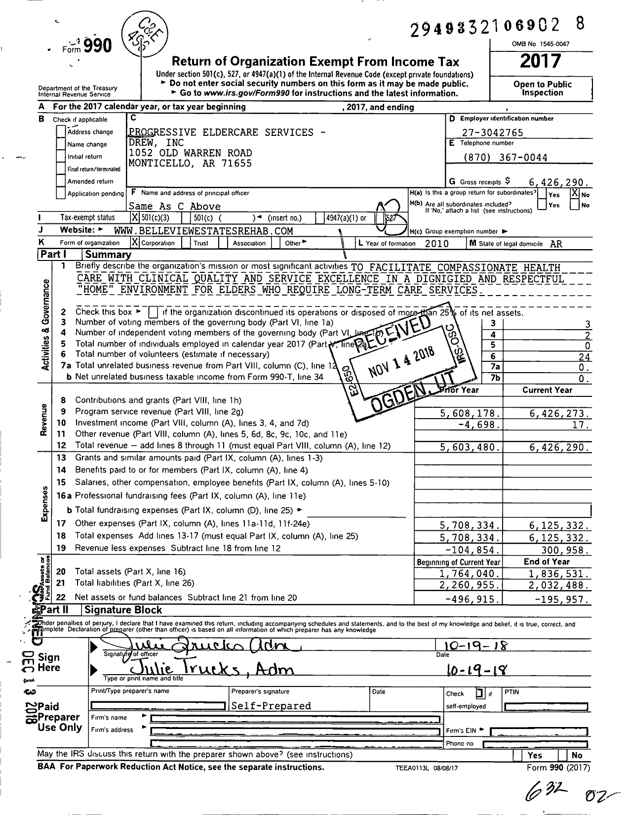Image of first page of 2017 Form 990 for Belleview Estates Rehabilitation and Care Center