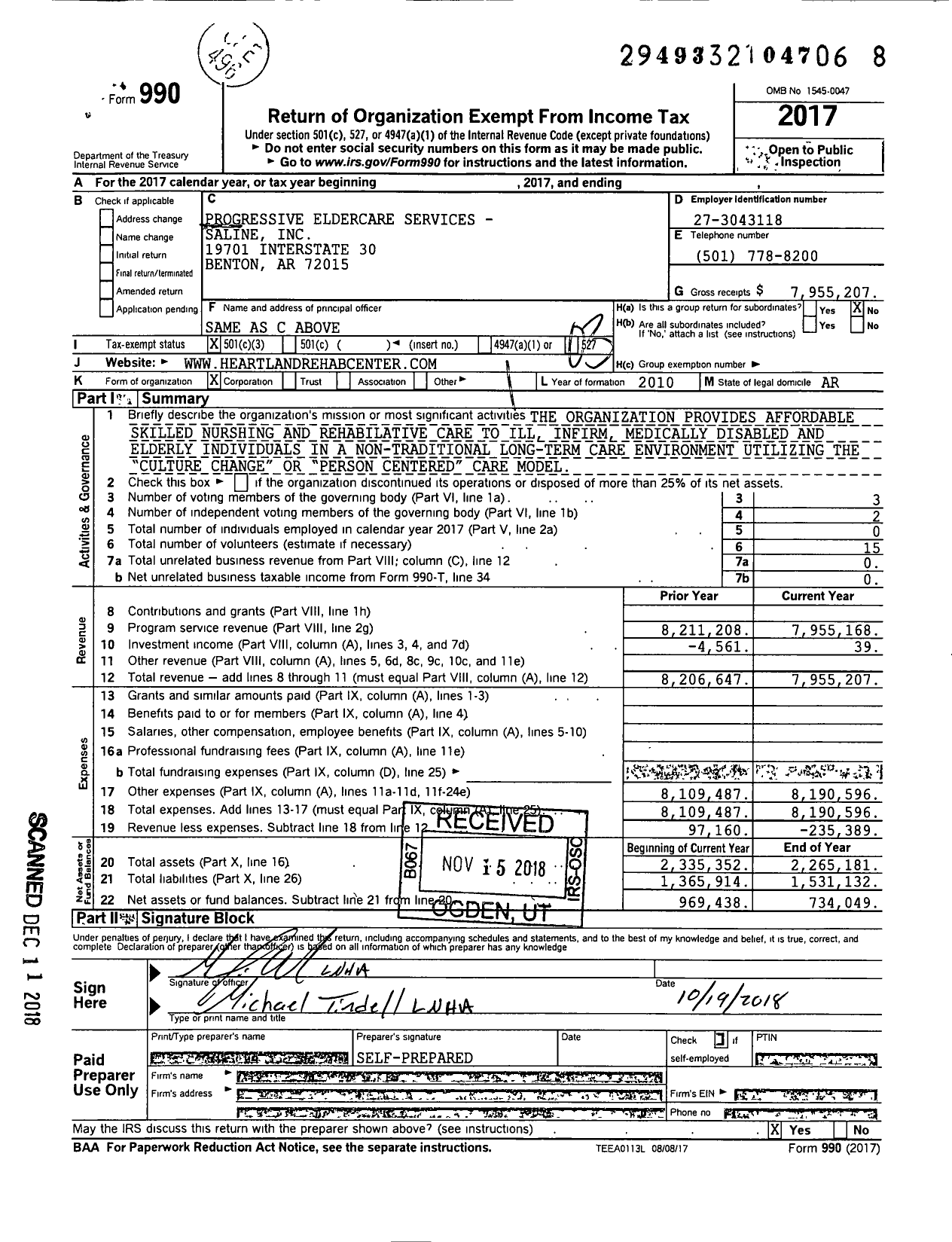 Image of first page of 2017 Form 990 for Heartland Rehabilitation and Care Center