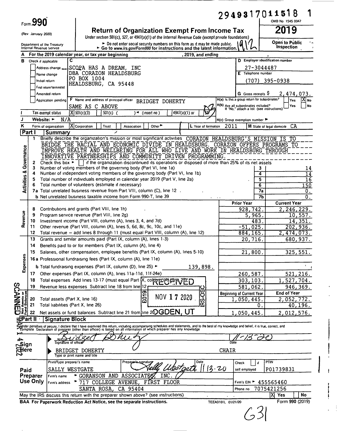 Image of first page of 2019 Form 990 for Corazon Healdsburg