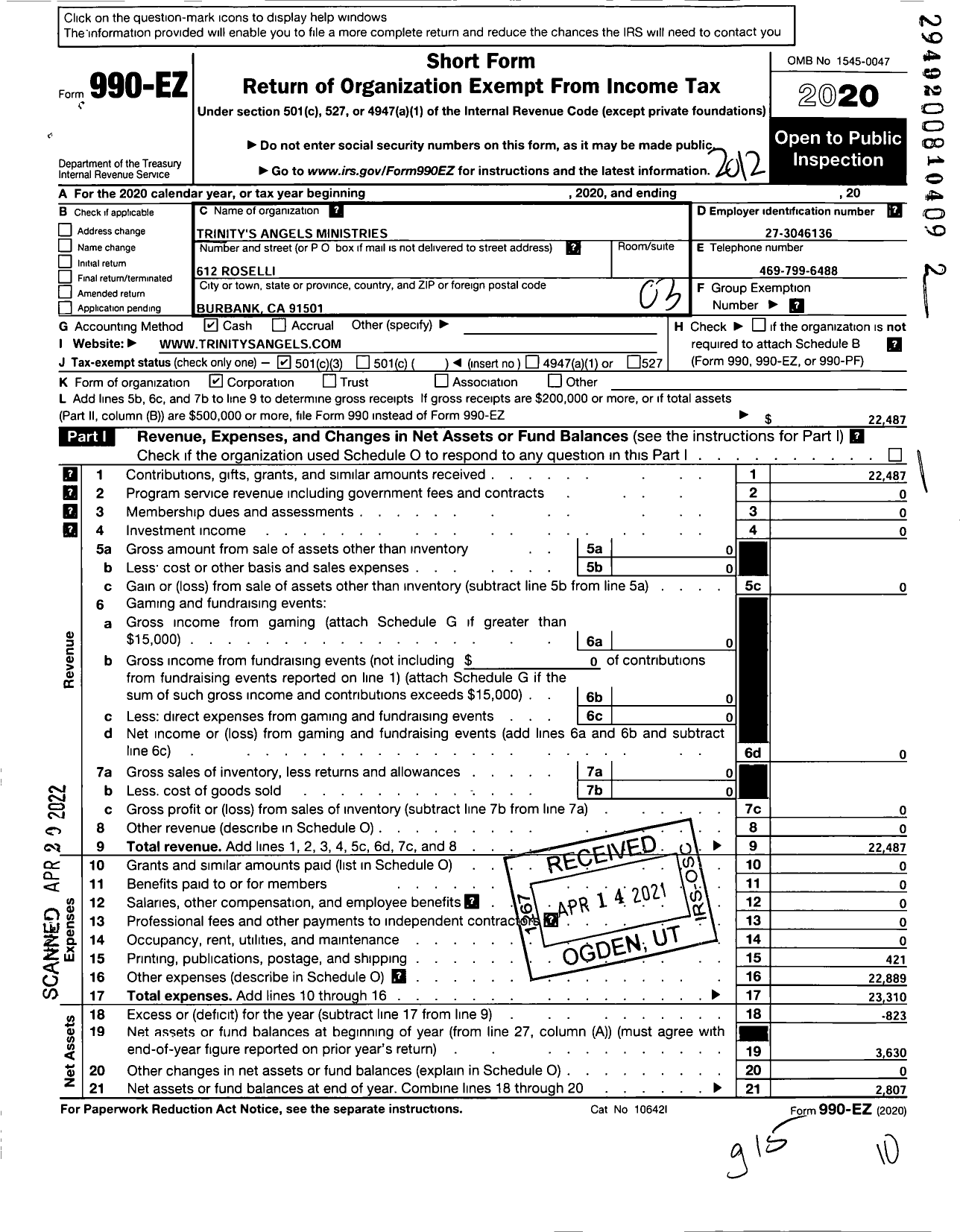 Image of first page of 2020 Form 990EZ for Trinitys Angels Ministries