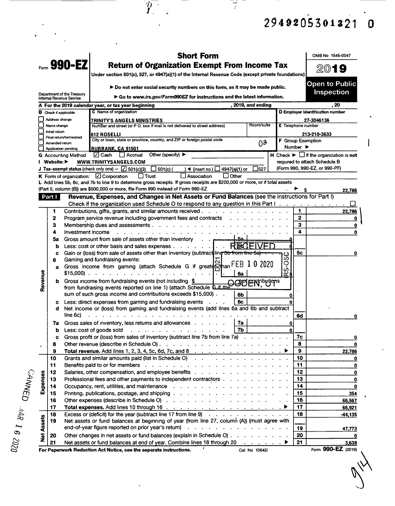 Image of first page of 2019 Form 990EZ for Trinitys Angels Ministries