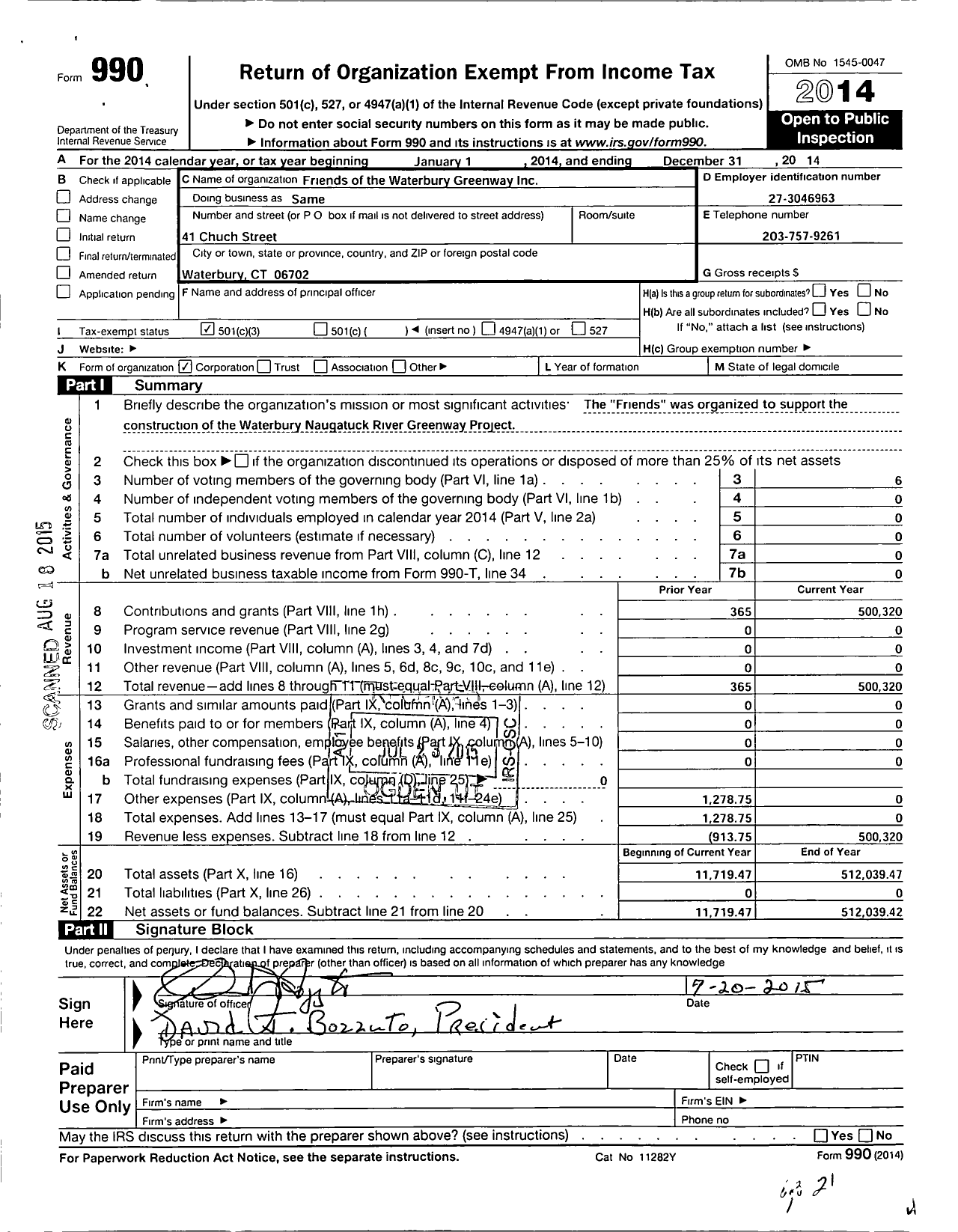 Image of first page of 2014 Form 990 for Friends of the Waterbury Greenway