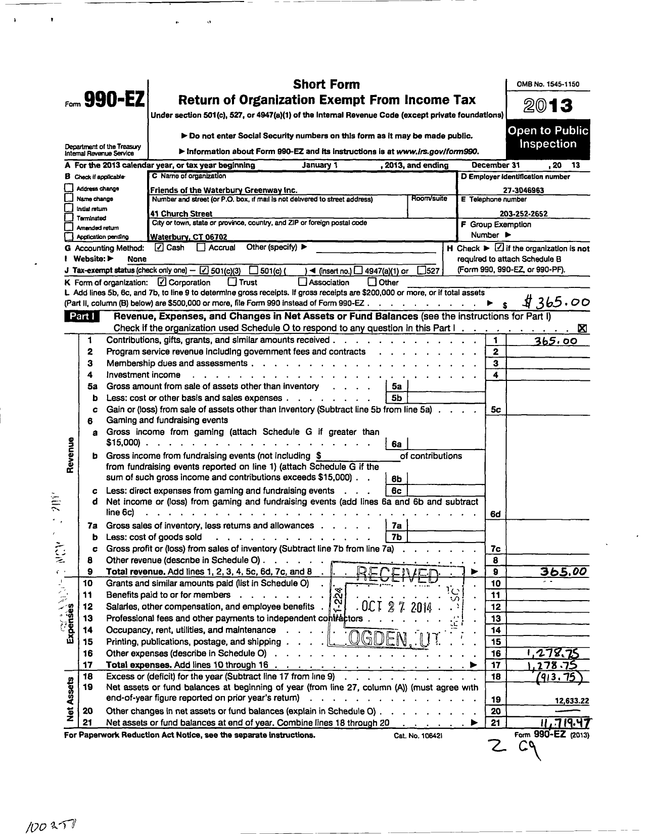 Image of first page of 2013 Form 990EZ for Friends of the Waterbury Greenway