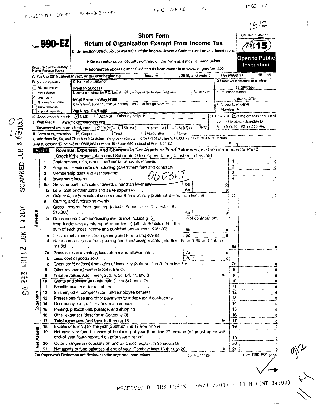 Image of first page of 2015 Form 990EZ for Ticket To Success