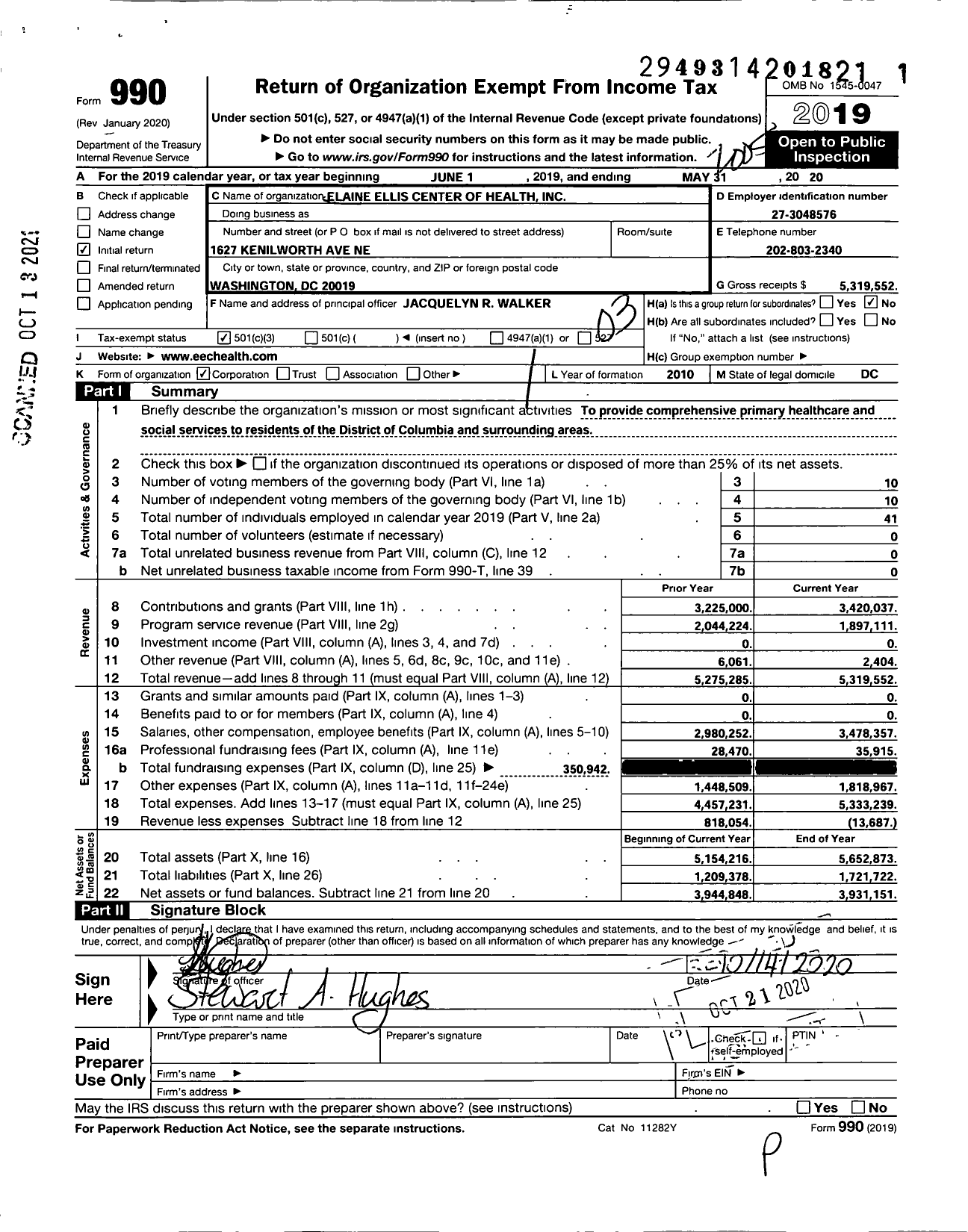 Image of first page of 2019 Form 990 for Elaine Ellis Center of Health (EECH)