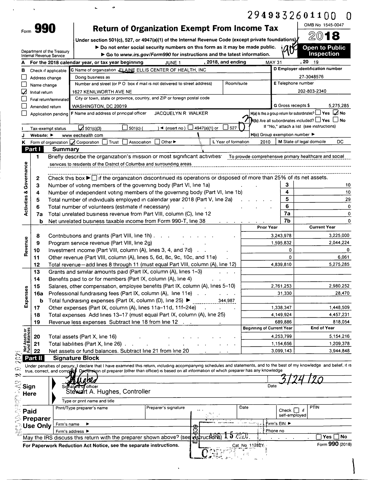 Image of first page of 2018 Form 990 for Elaine Ellis Center of Health (EECH)