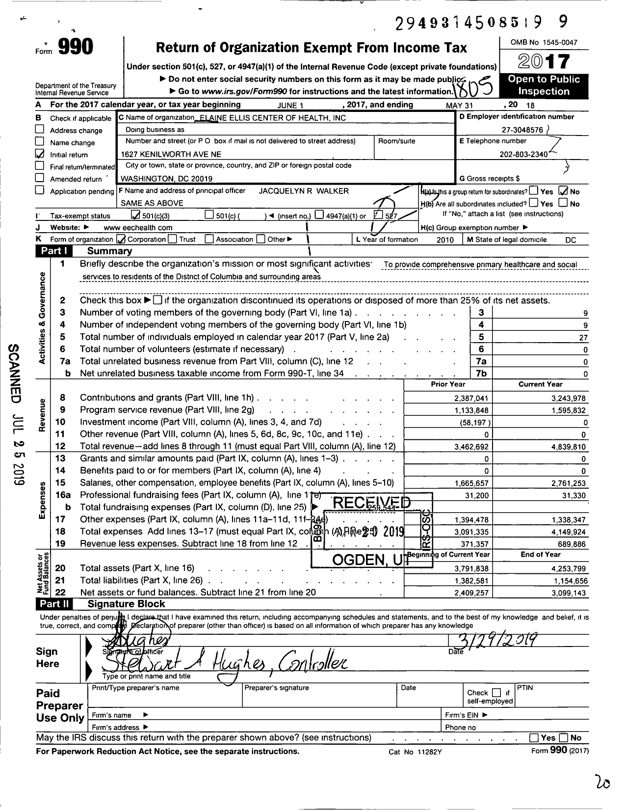 Image of first page of 2017 Form 990 for Elaine Ellis Center of Health (EECH)