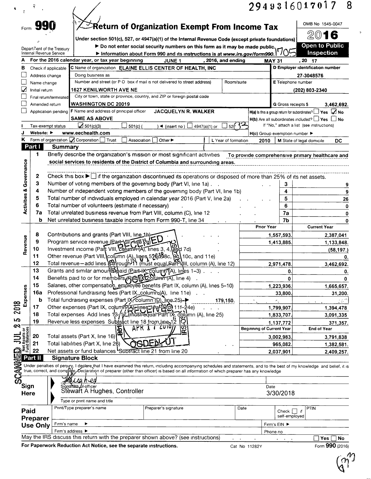 Image of first page of 2016 Form 990 for Elaine Ellis Center of Health (EECH)