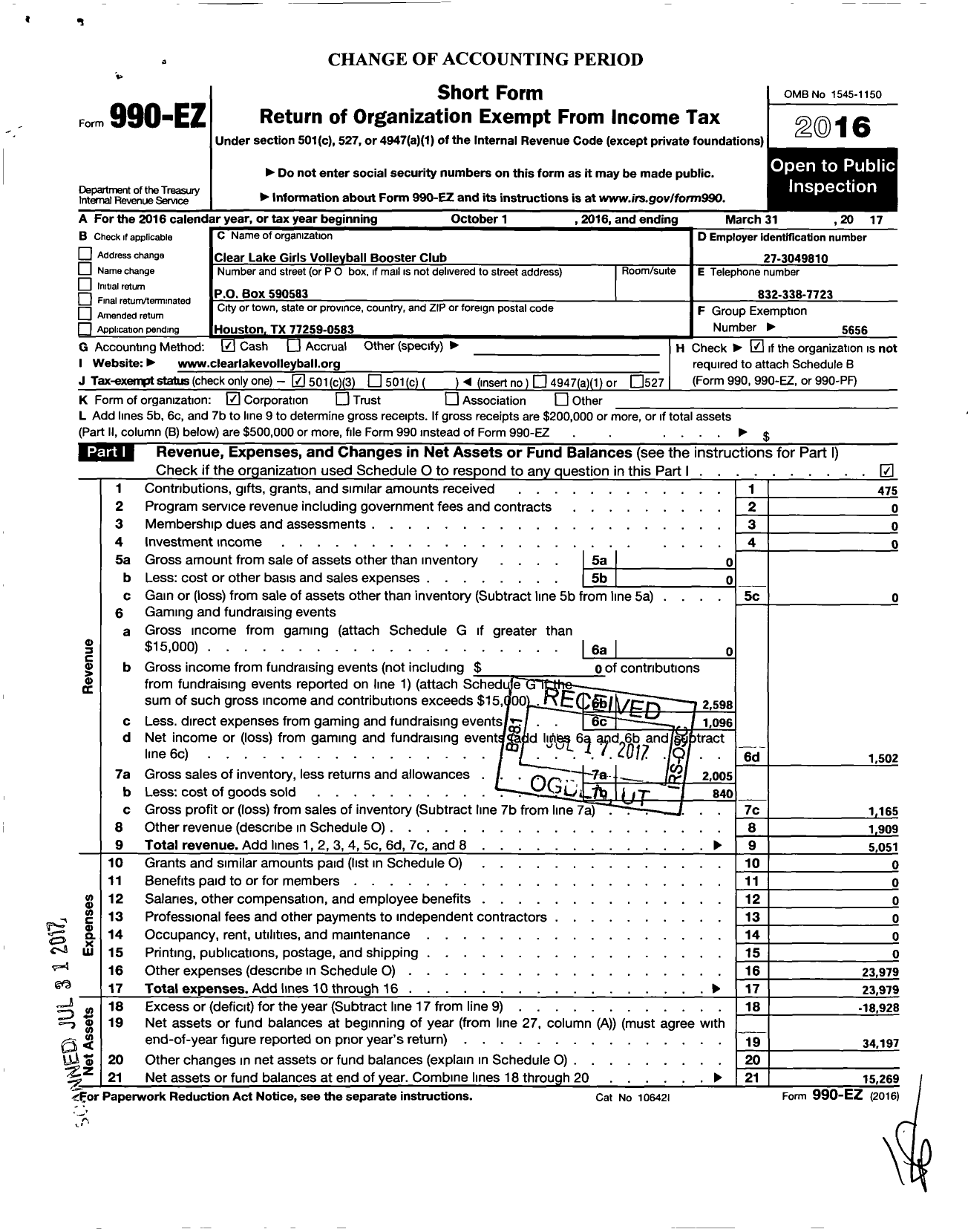 Image of first page of 2016 Form 990EZ for Clear Creek Isd Groups / Clear Lake Girls Volleyball Booster