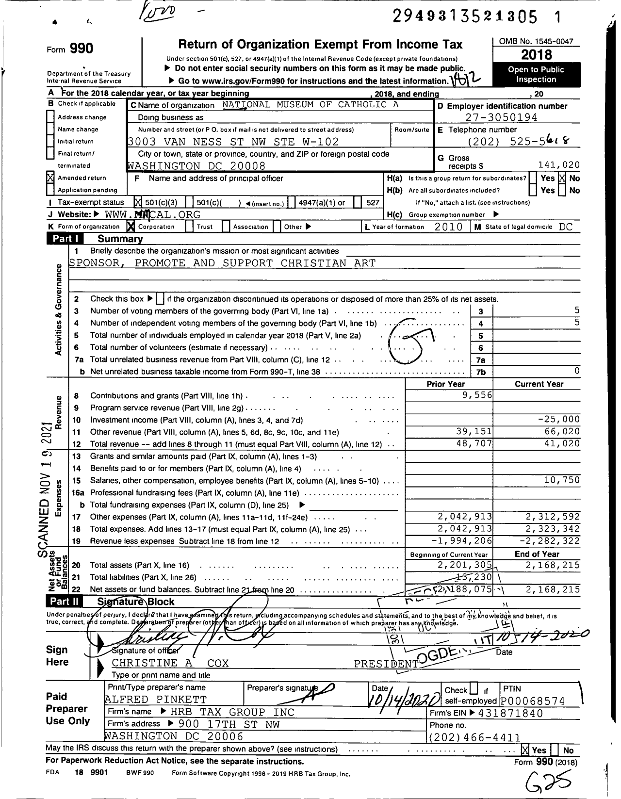 Image of first page of 2018 Form 990 for National Museum of Catholic Art & Library