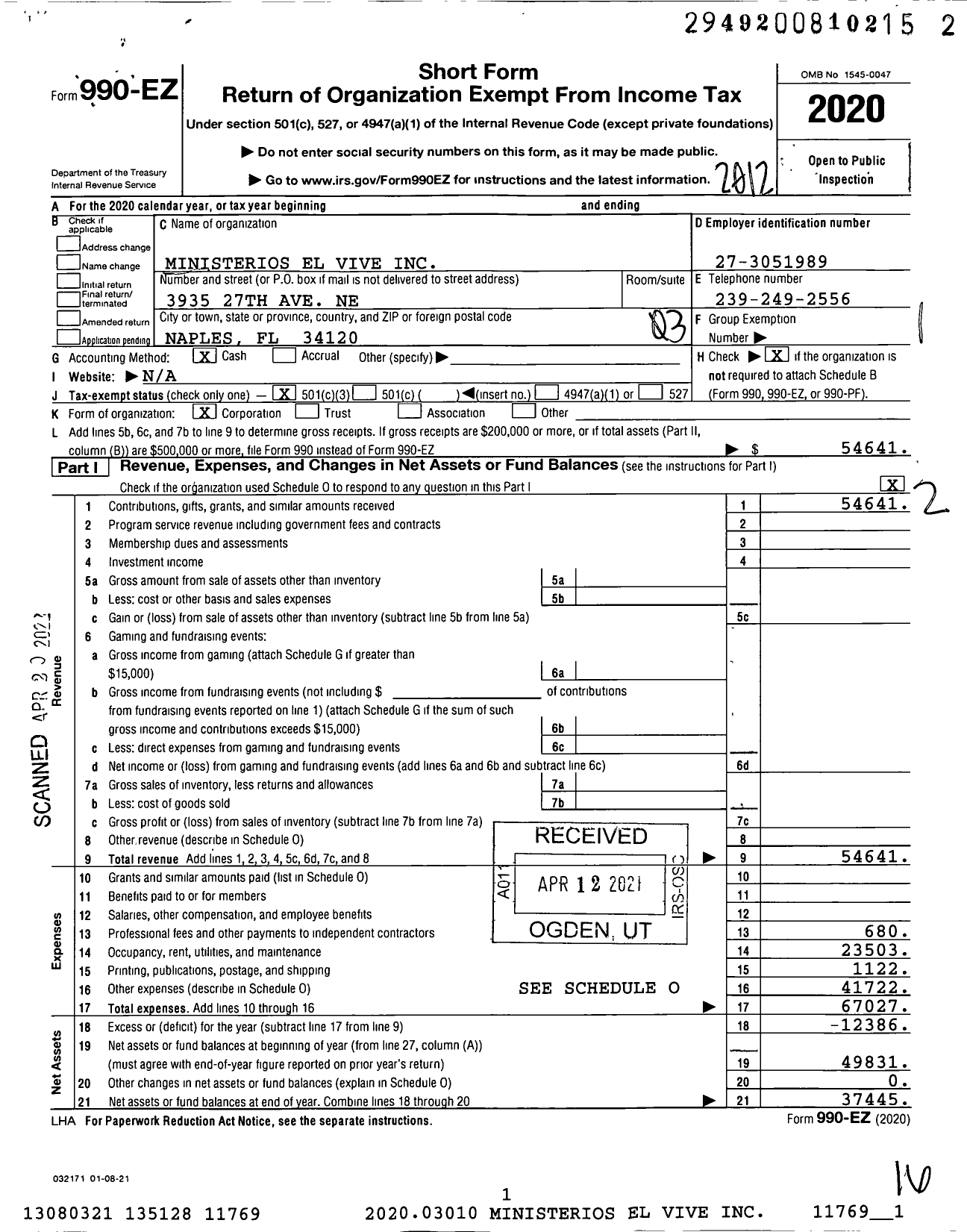 Image of first page of 2020 Form 990EZ for Ministerios El Vive