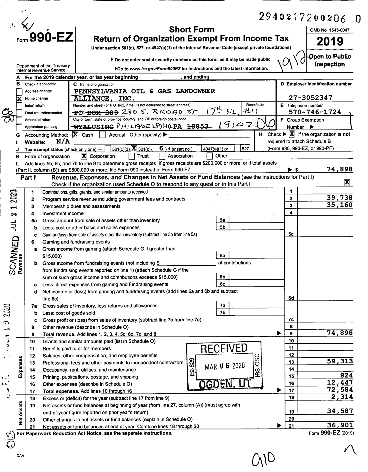 Image of first page of 2019 Form 990EO for Pennsylvania Oil and Gas Landowner Alliance