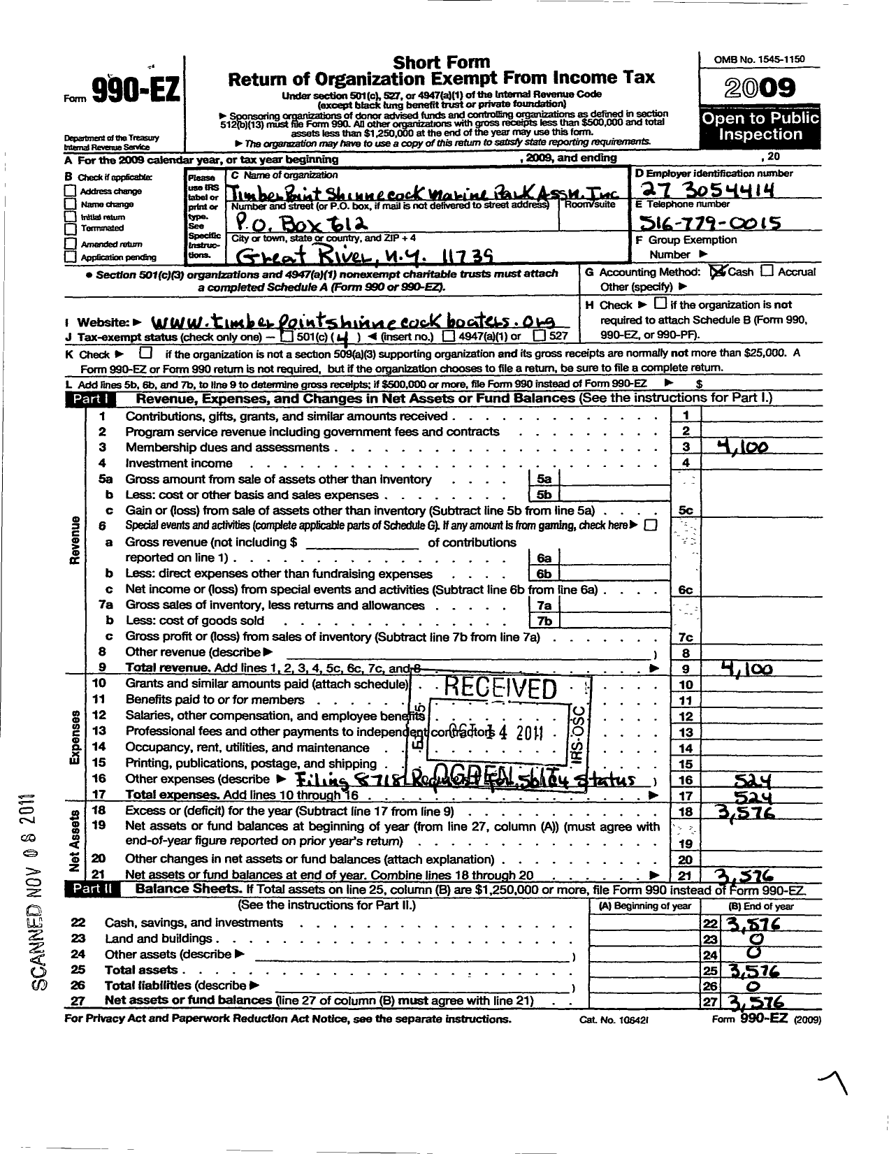 Image of first page of 2009 Form 990EO for Timber Point Shinnecock Marine Park Association