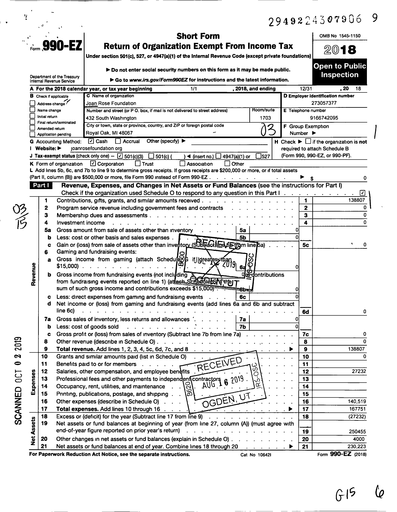 Image of first page of 2018 Form 990EZ for Joan Rose Foundation