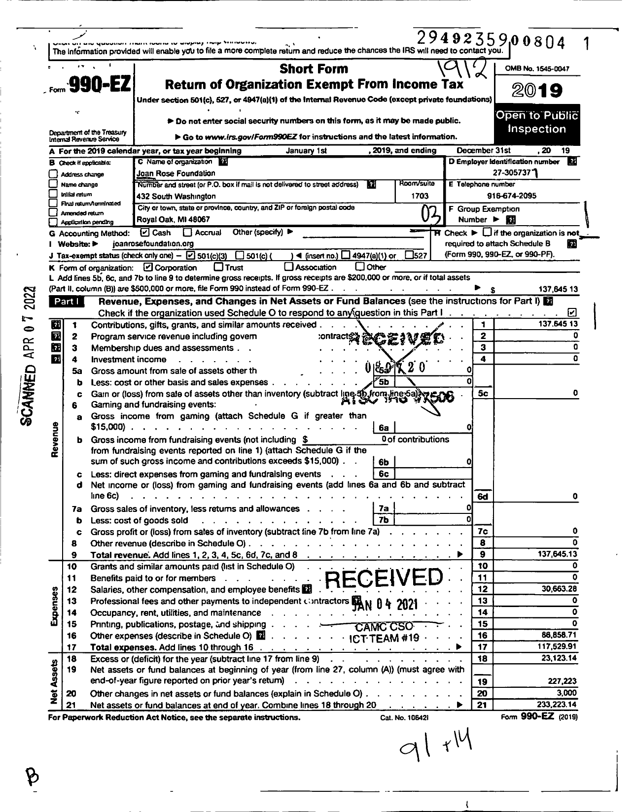 Image of first page of 2019 Form 990EZ for Joan Rose Foundation