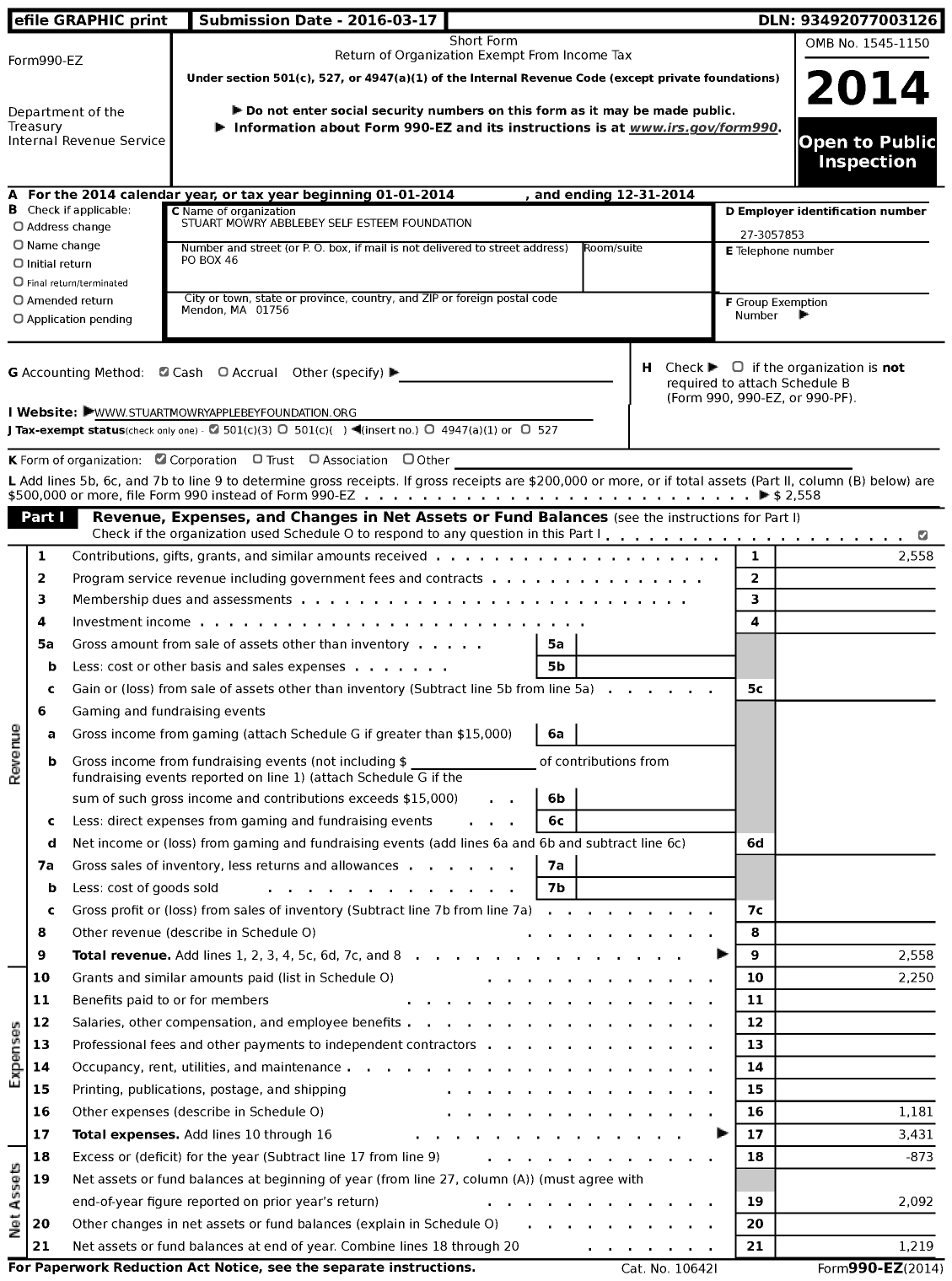 Image of first page of 2014 Form 990EZ for Stuart Mowry Abbleby Self Esteem Foundation