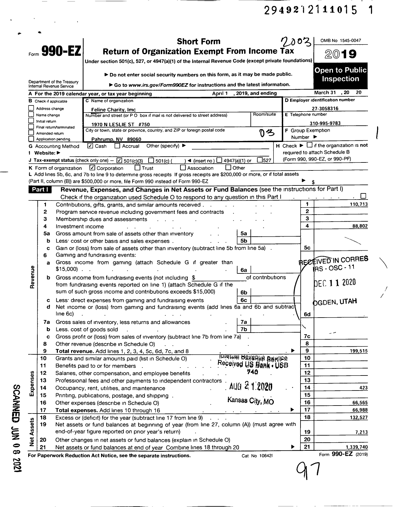 Image of first page of 2019 Form 990EZ for Feline Charity
