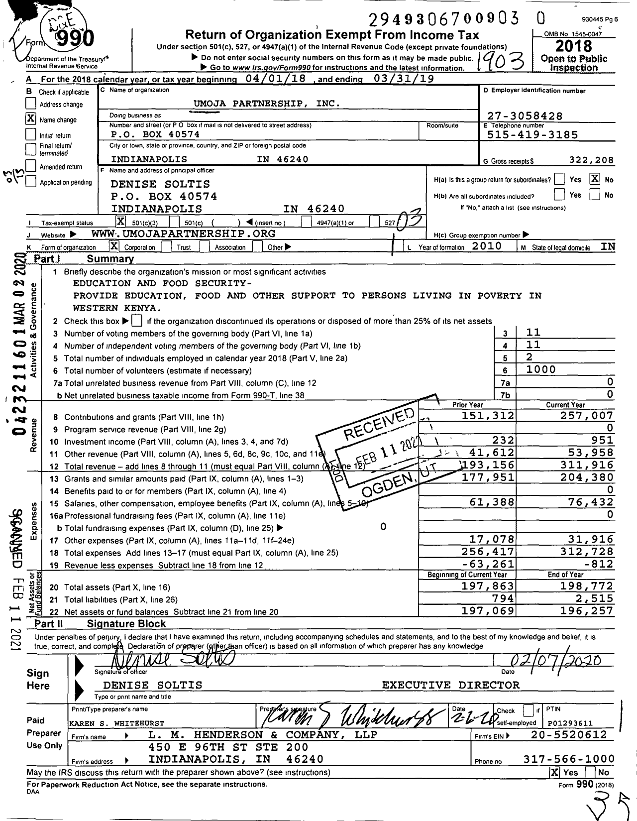 Image of first page of 2018 Form 990 for Umoja Partnership