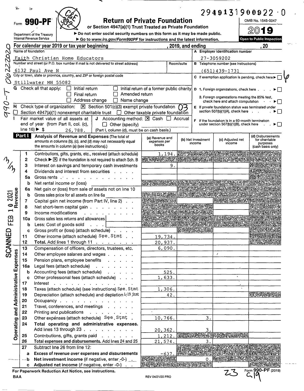 Image of first page of 2019 Form 990PF for Faith Christian Home Educators