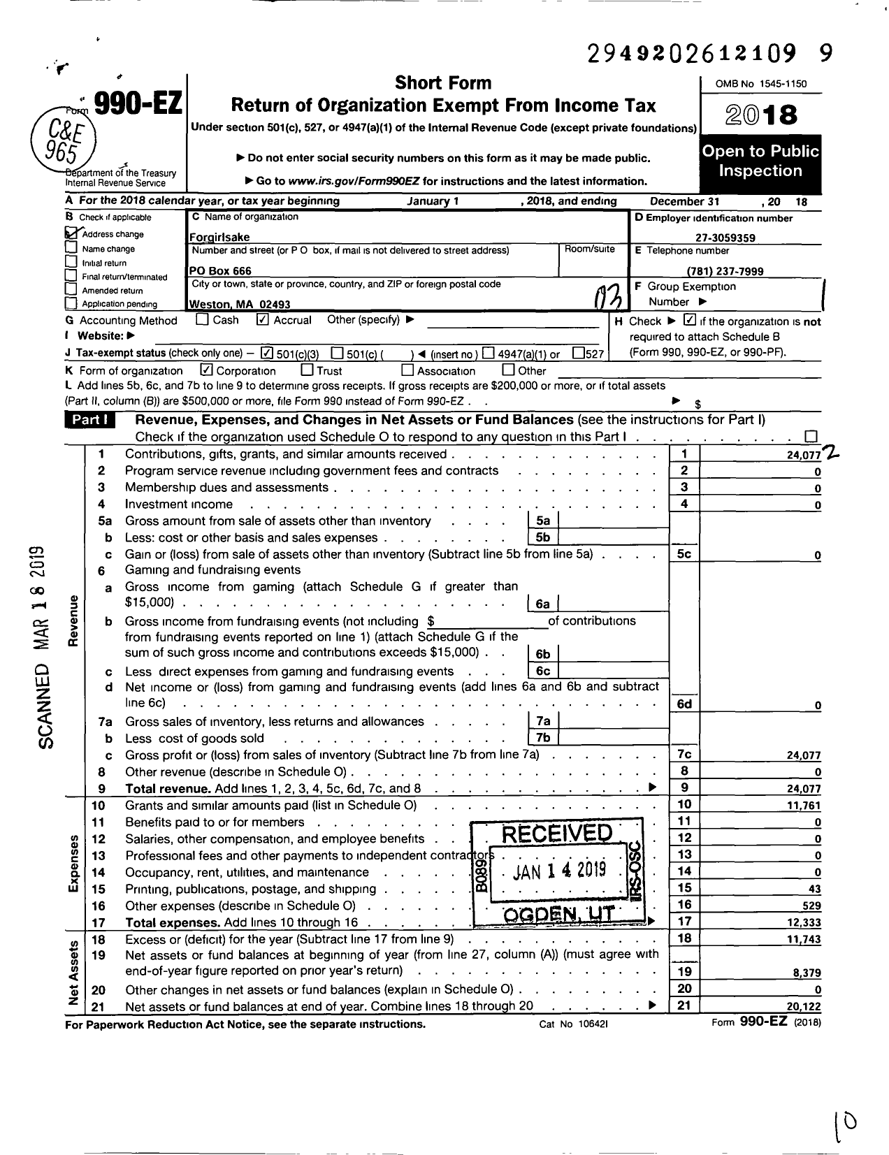 Image of first page of 2018 Form 990EZ for Forgirlsake
