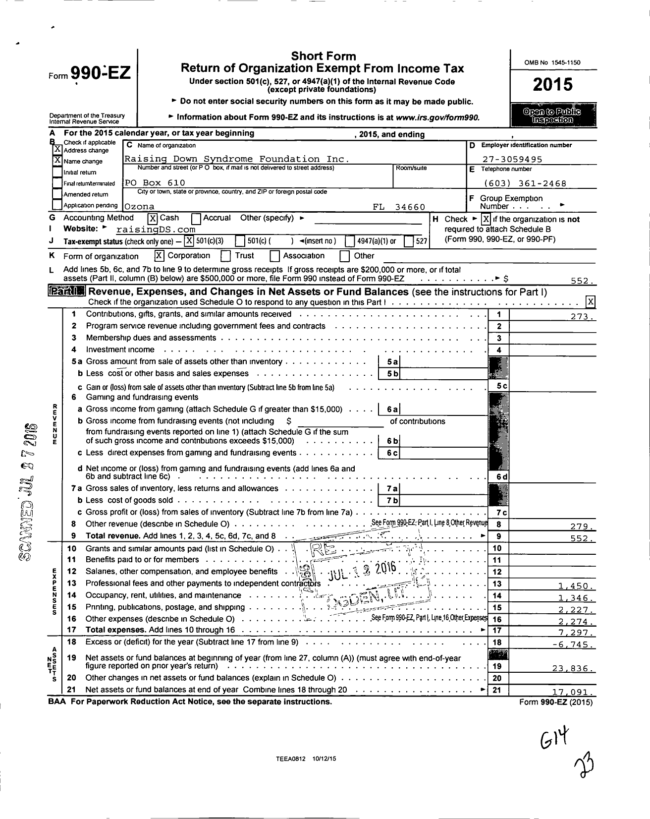 Image of first page of 2015 Form 990EZ for Raising Down Syndrome Foundation