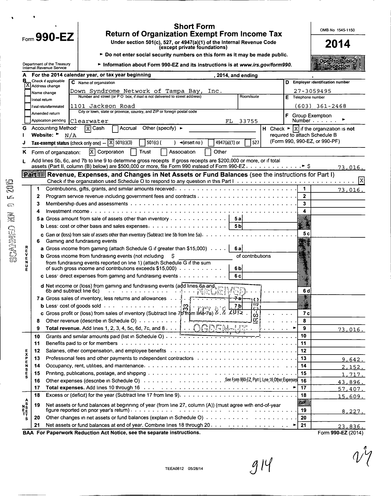 Image of first page of 2014 Form 990EZ for Raising Down Syndrome Foundation