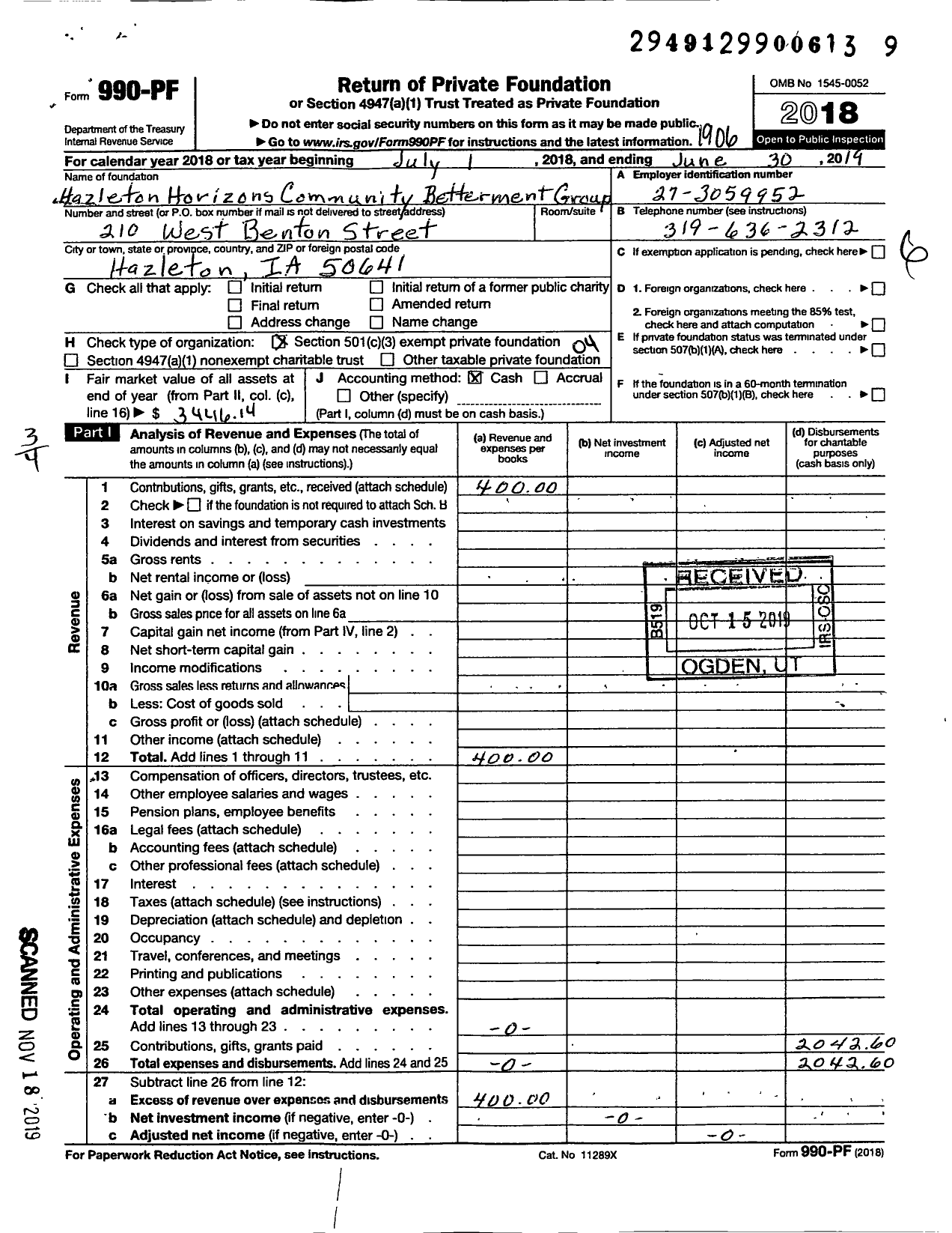 Image of first page of 2018 Form 990PF for Hazleton Horizons Community Betterment Group