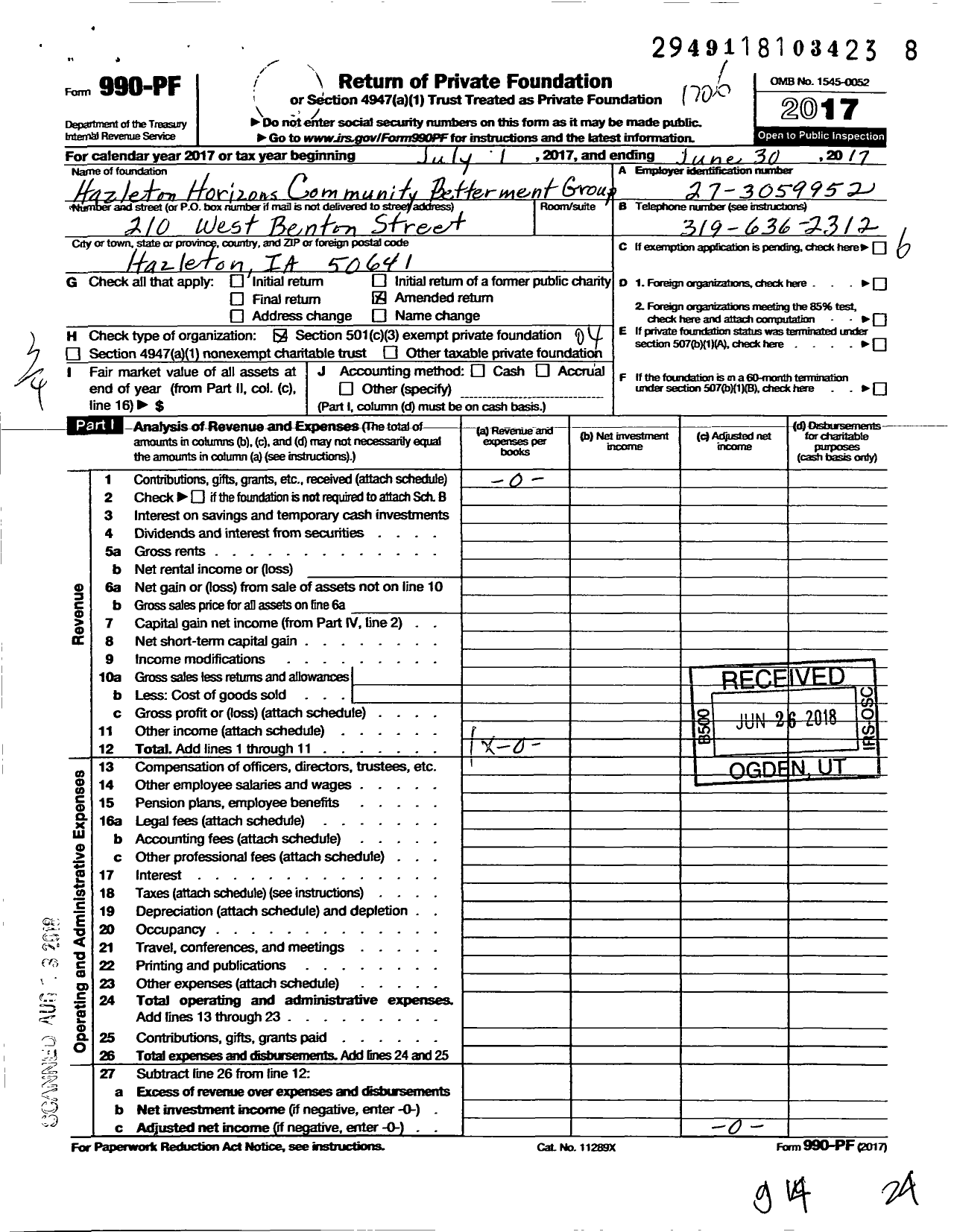 Image of first page of 2016 Form 990PF for Hazleton Horizons Community Betterment Group