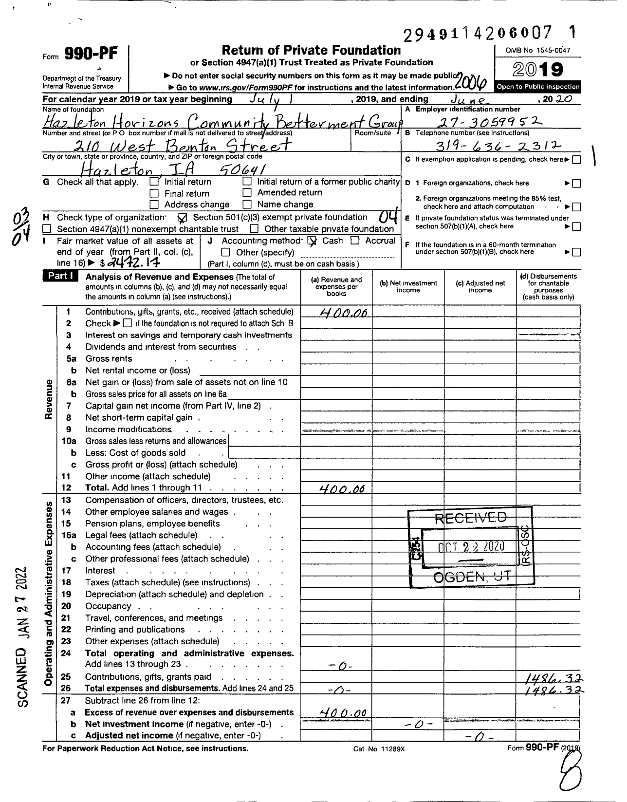 Image of first page of 2019 Form 990PF for Hazleton Horizons Community Betterment Group