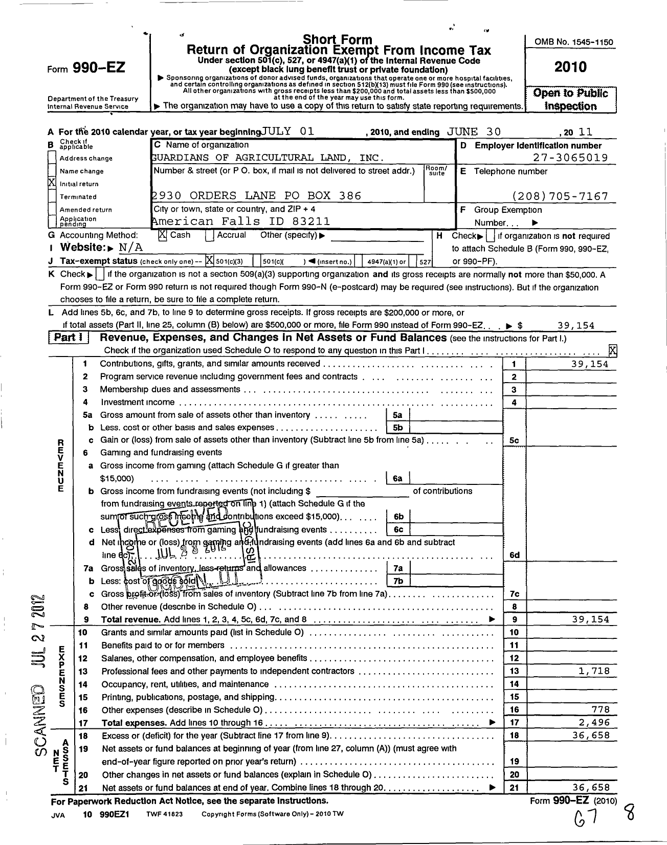 Image of first page of 2010 Form 990EZ for Guardians of Agricultural Lands