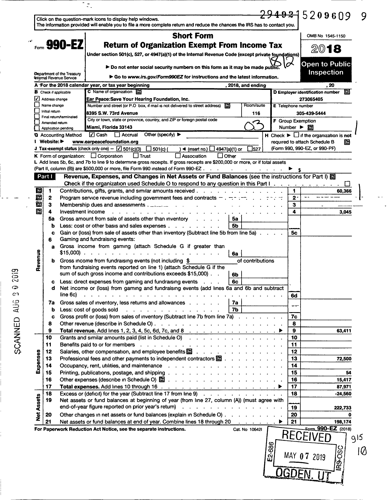 Image of first page of 2018 Form 990EZ for Ear Peace Save Your Hearing Foundation