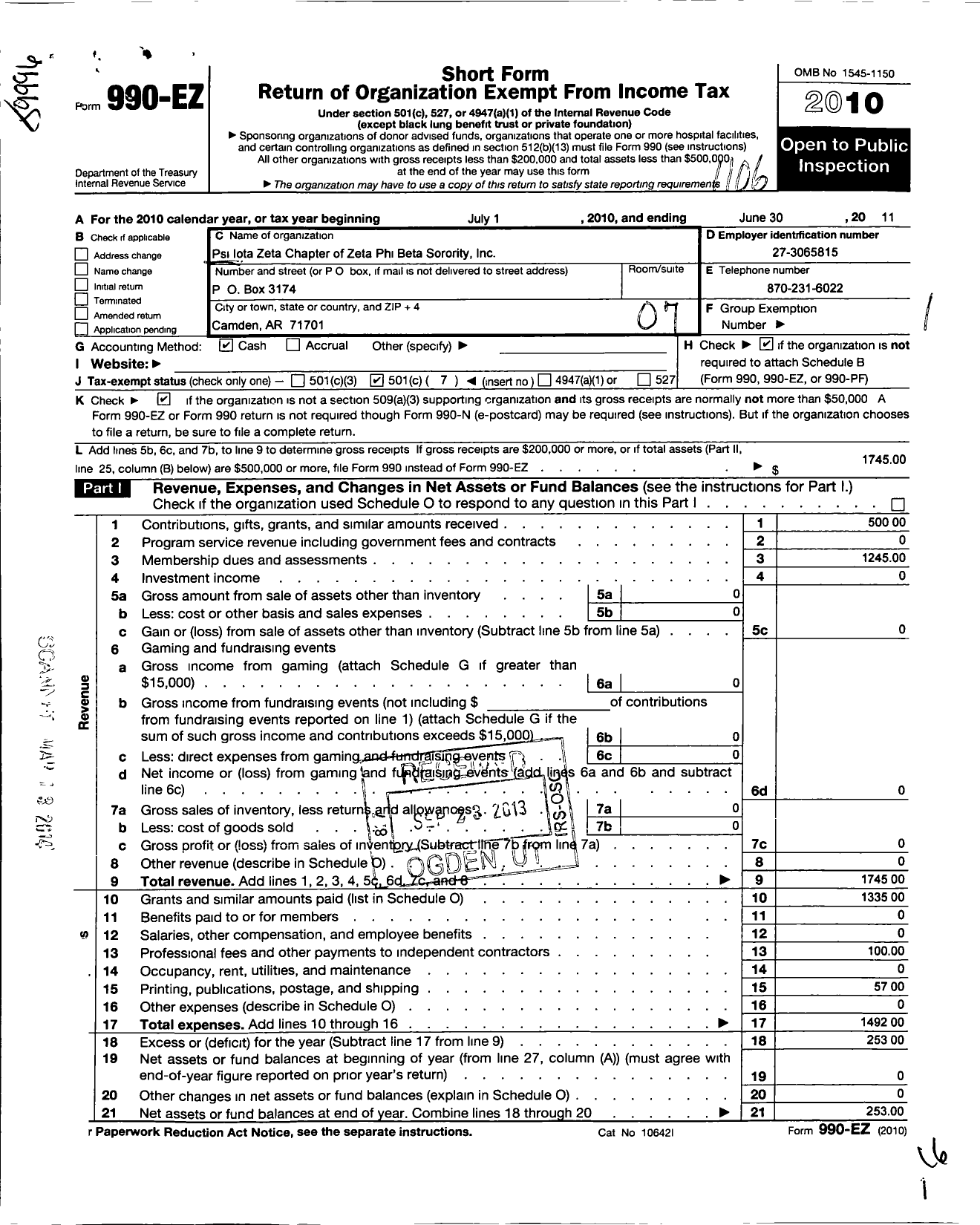 Image of first page of 2010 Form 990EO for Zeta Phi Beta Sorority / Psi Iota Zeta