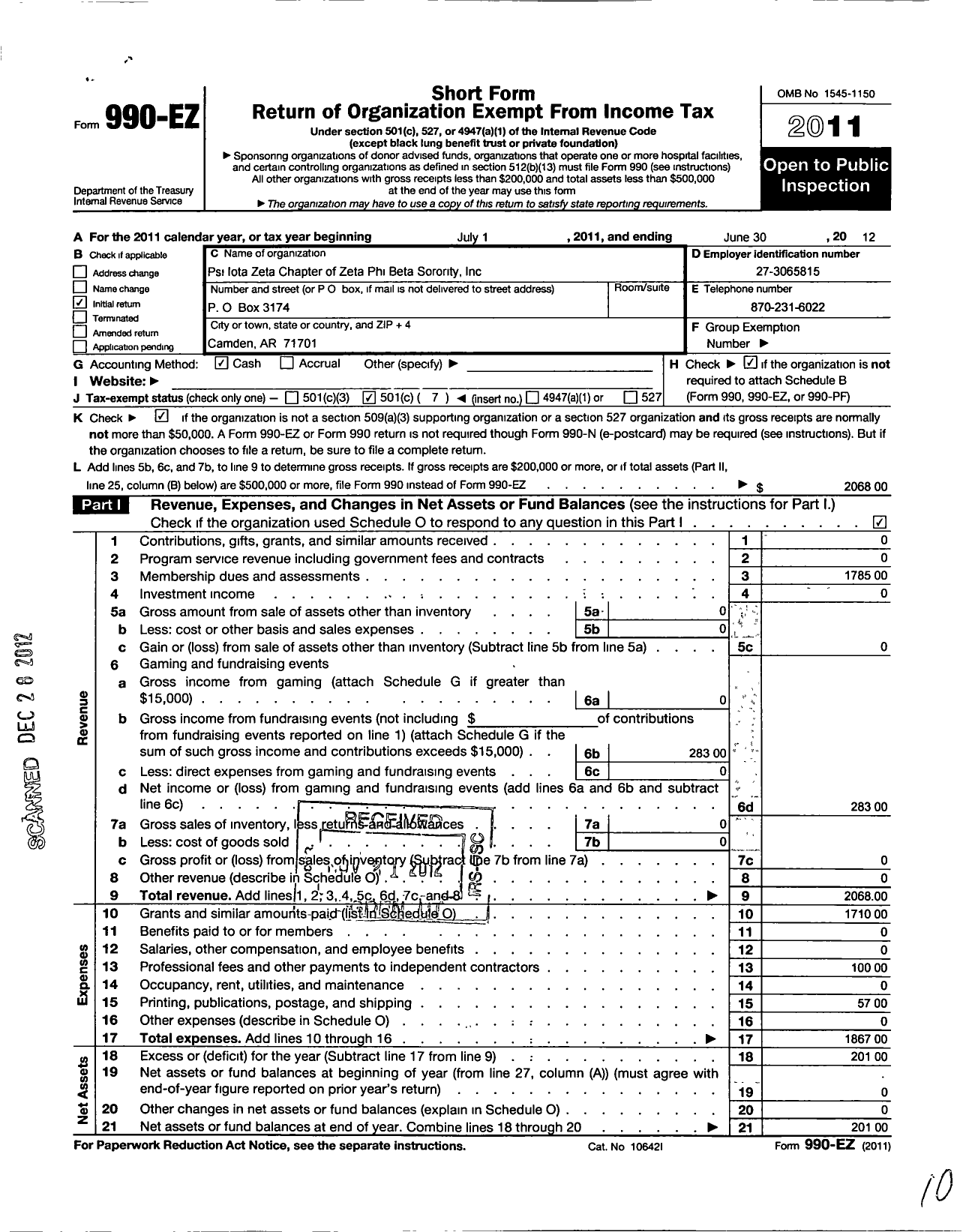 Image of first page of 2011 Form 990EO for Zeta Phi Beta Sorority / Psi Iota Zeta