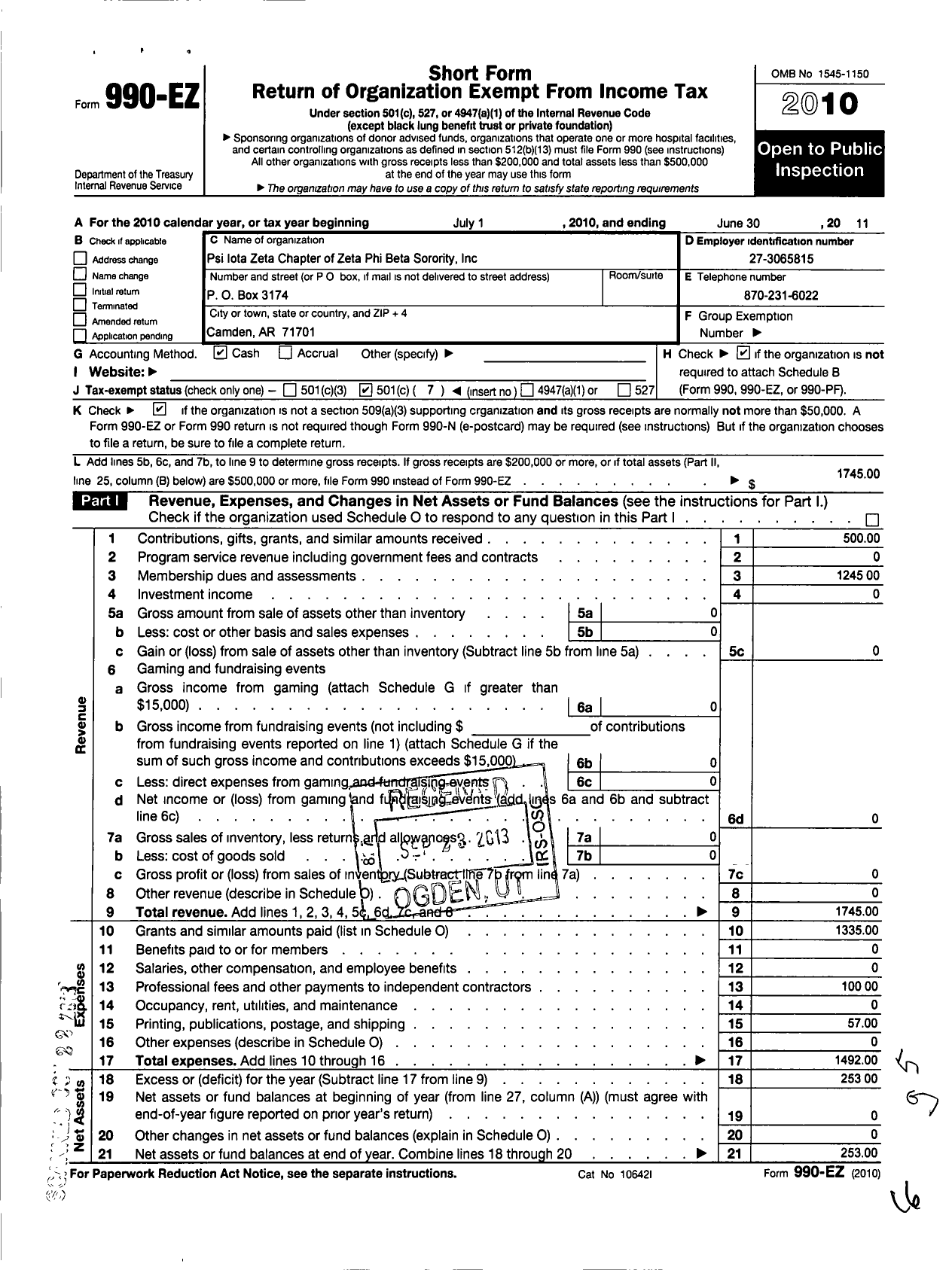 Image of first page of 2010 Form 990EO for Zeta Phi Beta Sorority / Psi Iota Zeta