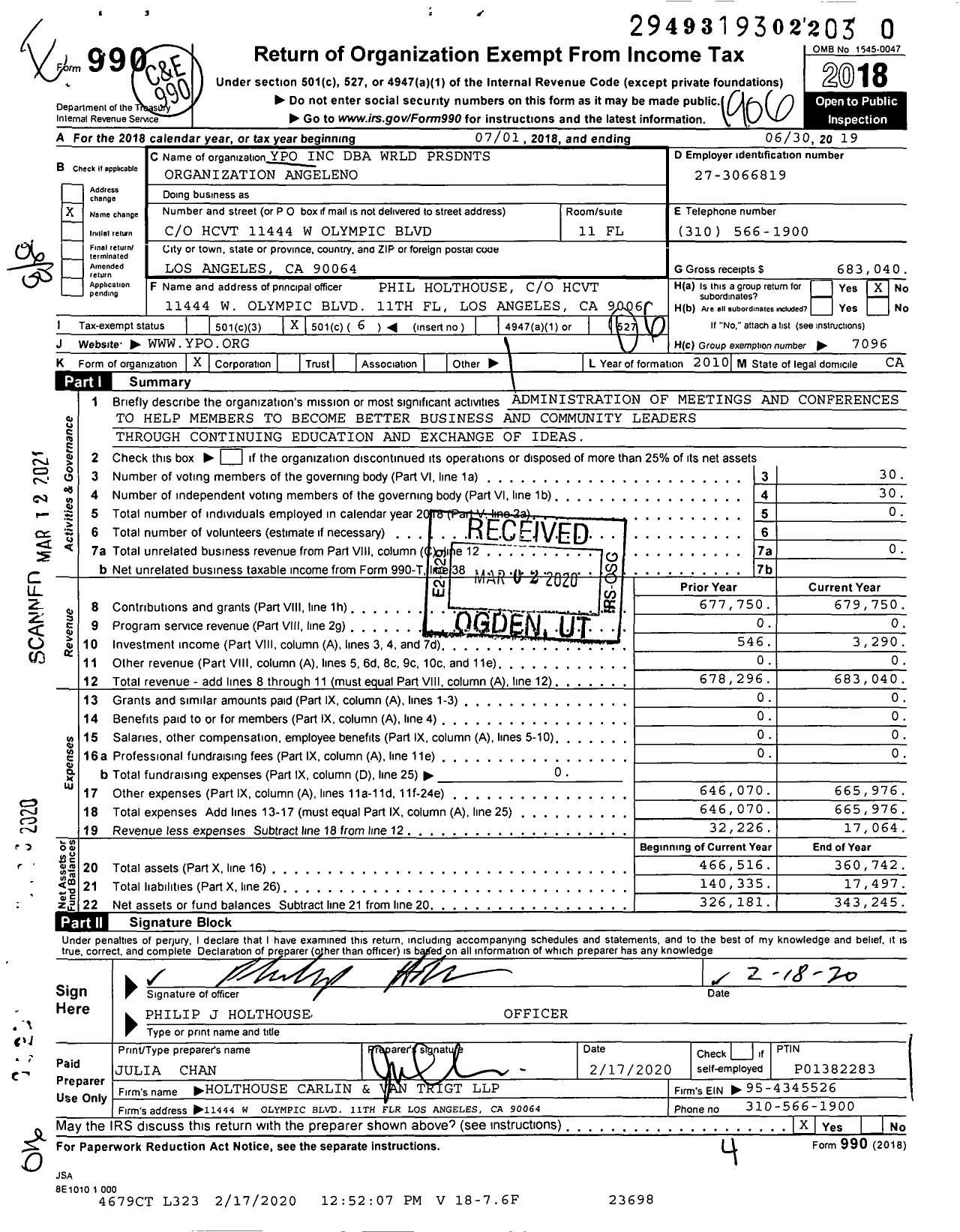 Image of first page of 2018 Form 990O for Young Presidents' Organization - WRLD PRSDNTS Organization Angeleno