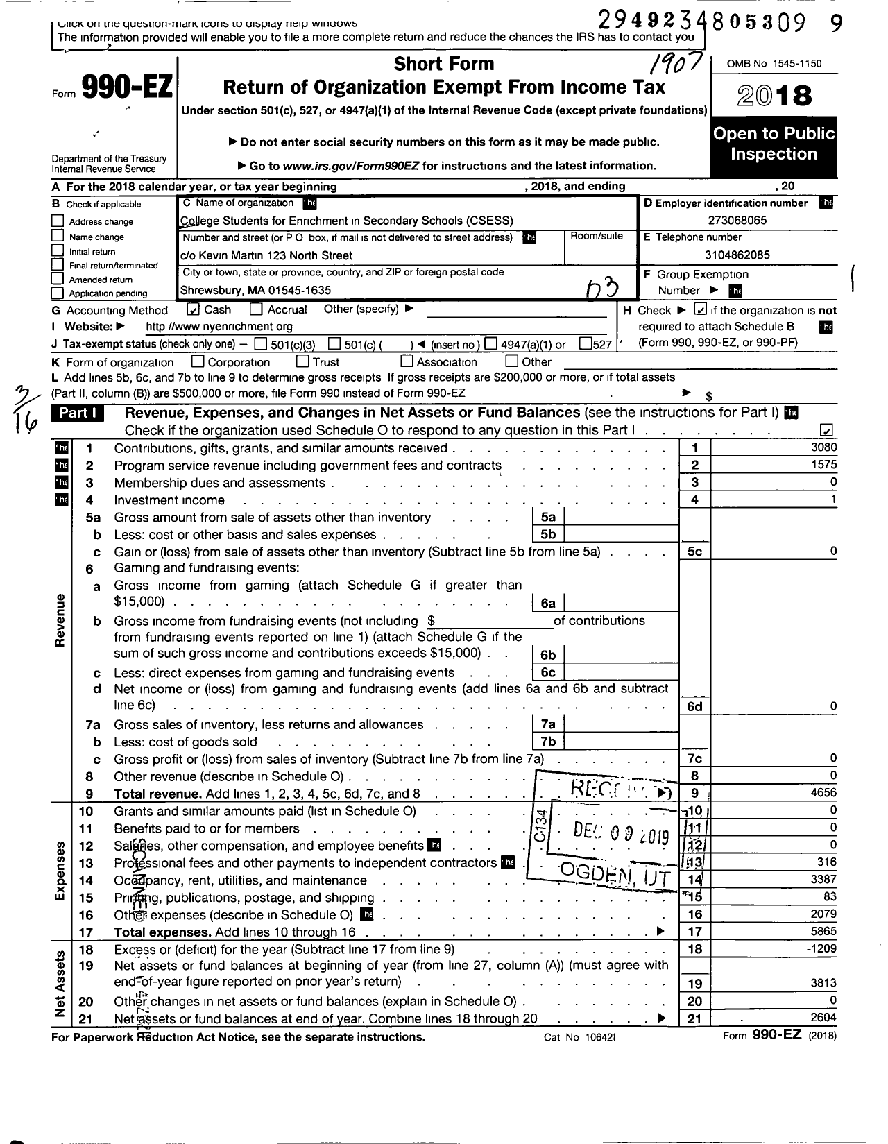 Image of first page of 2018 Form 990EZ for College Students for Enrichment in Secondary Schools