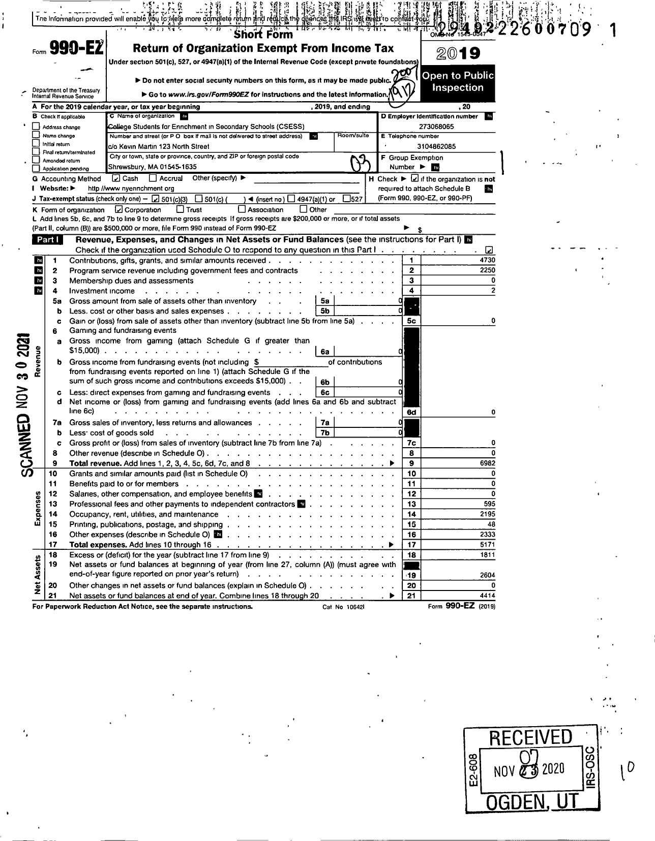 Image of first page of 2019 Form 990EZ for College Students for Enrichment in Secondary Schools