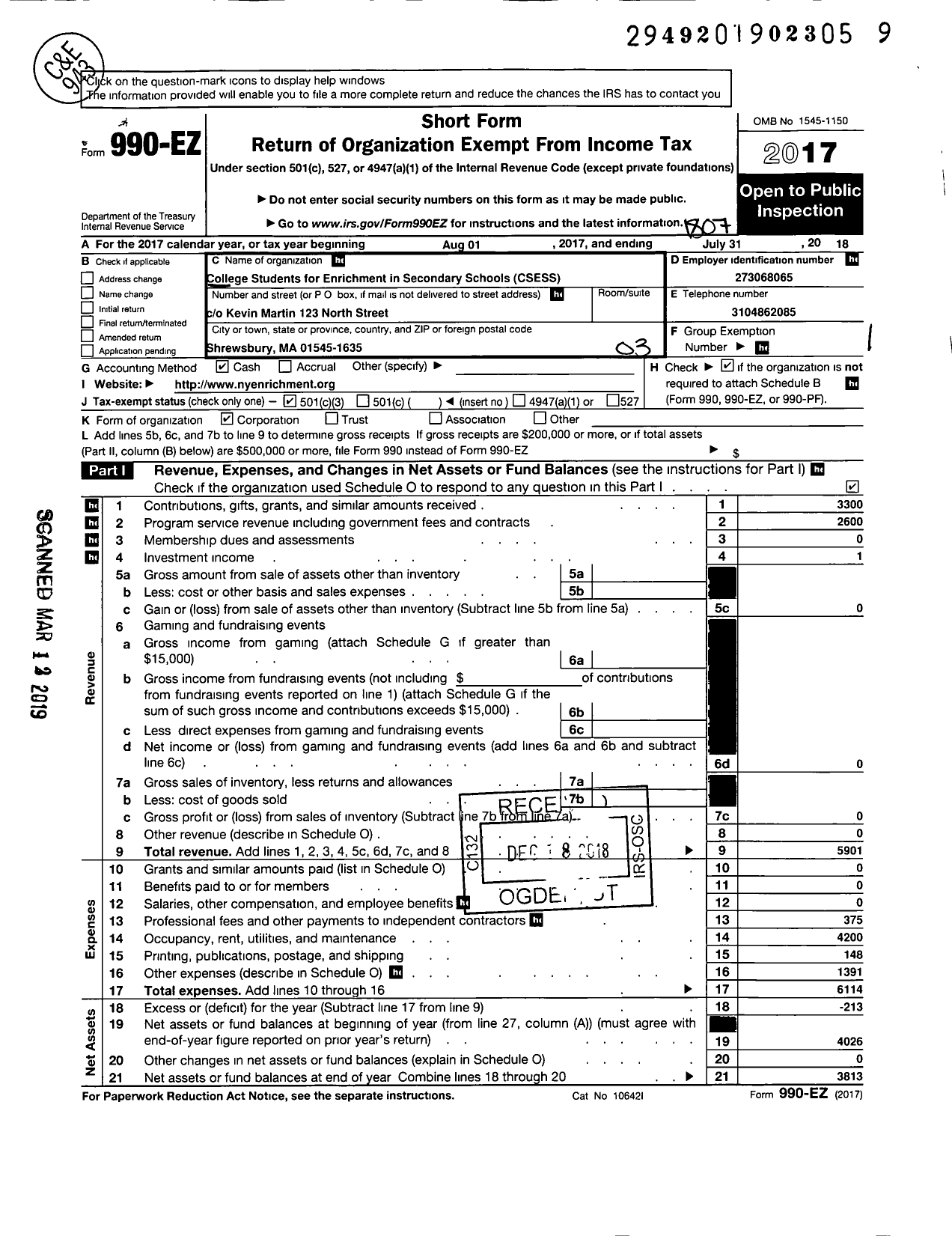 Image of first page of 2017 Form 990EZ for College Students for Enrichment in Secondary Schools