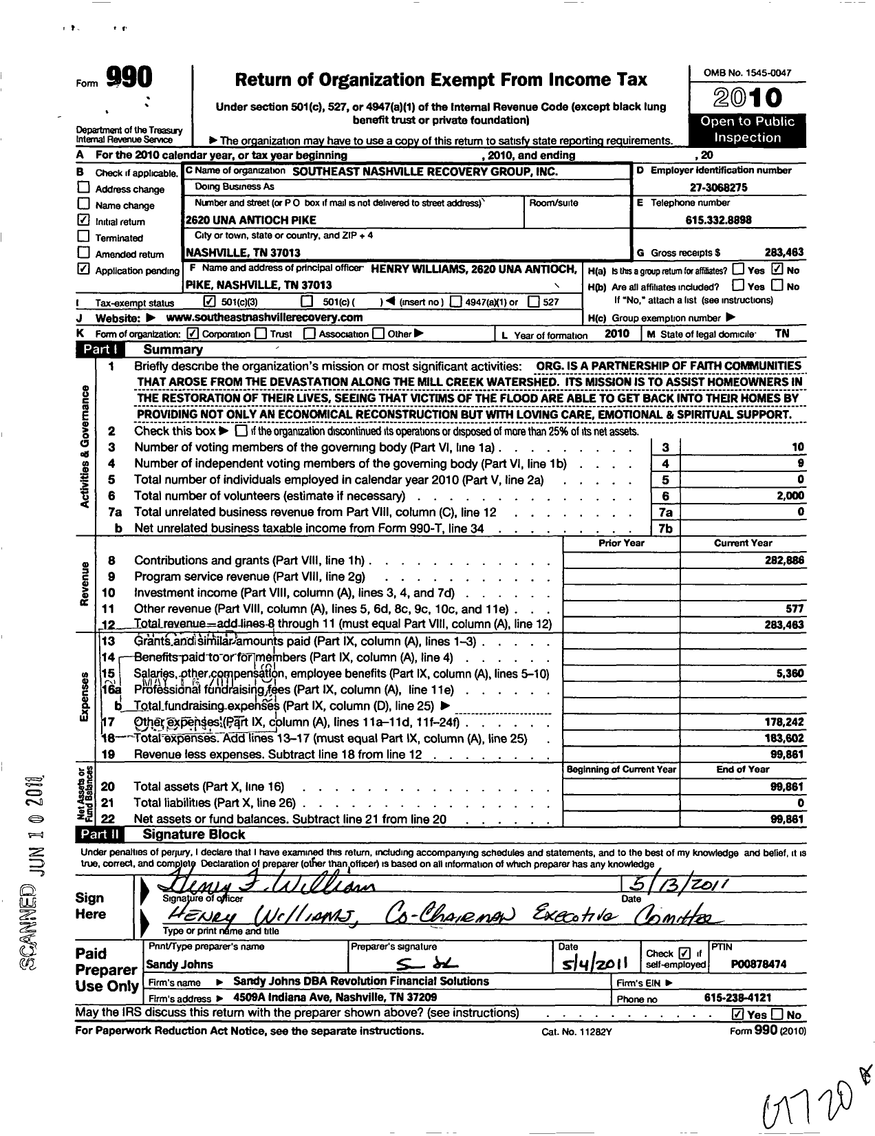 Image of first page of 2010 Form 990 for Southeast Nashville Recovery Group